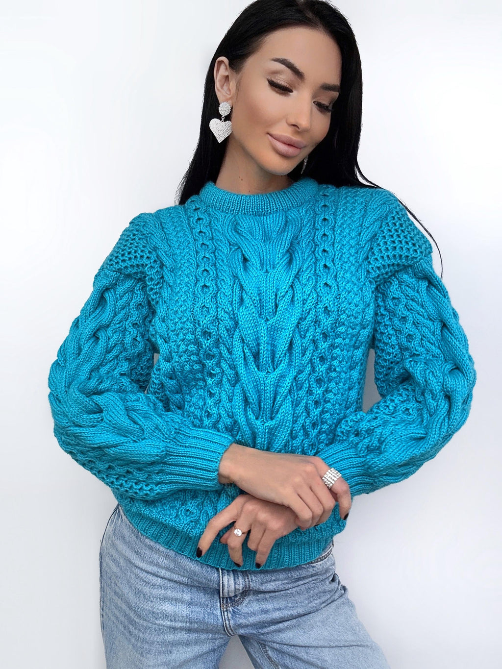 Merino wool hand knit blue turquoise sweater women/unisex Cable knit handmade jumper Loose chunky knit Scandinavian cable knit pullover