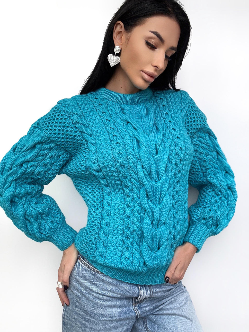 Merino wool hand knit blue turquoise sweater women/unisex Cable knit handmade jumper Loose chunky knit Scandinavian cable knit pullover