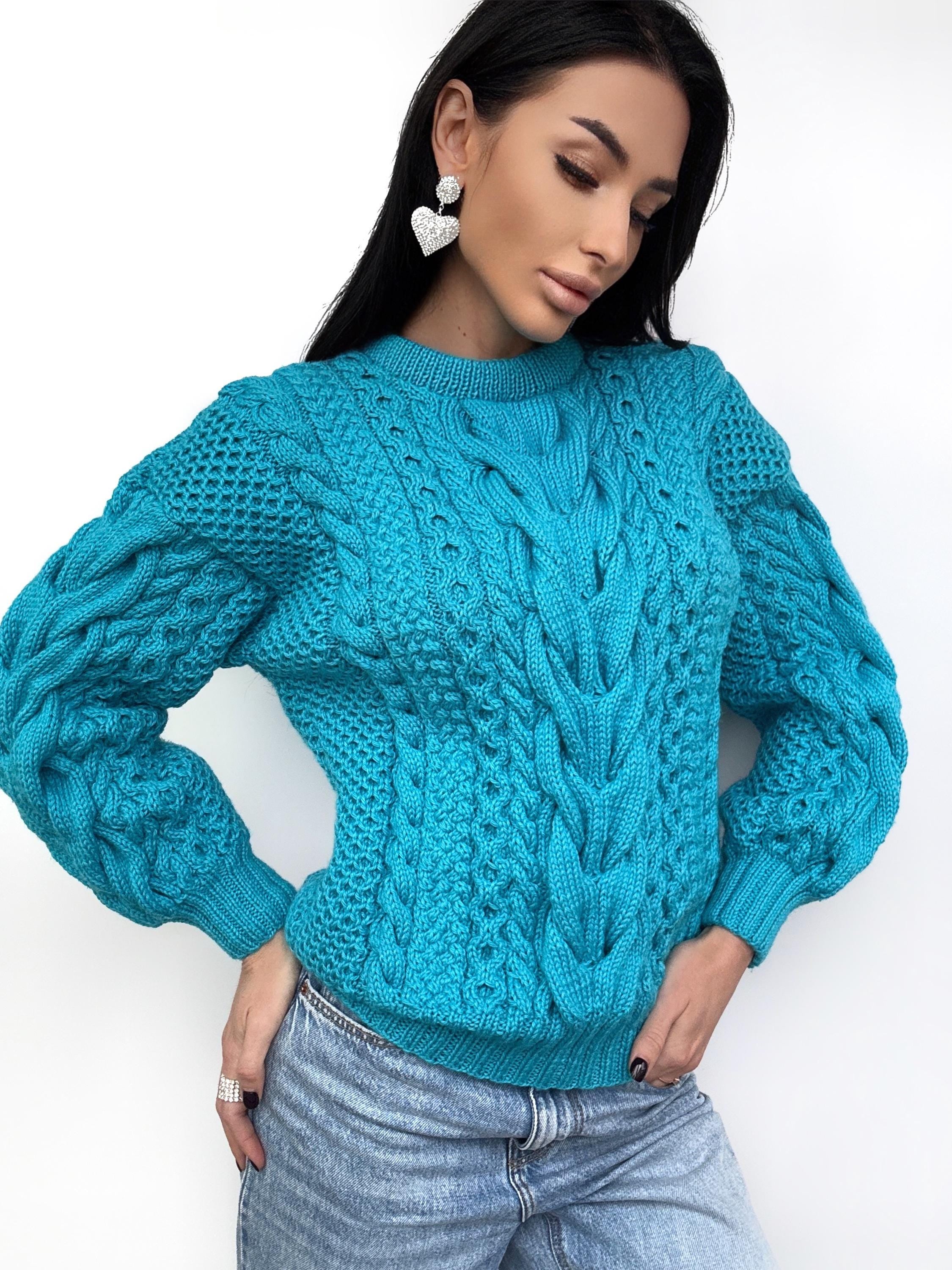 Merino wool hand knit blue turquoise sweater women/unisex Cable knit handmade jumper Loose chunky knit Scandinavian cable knit pullover