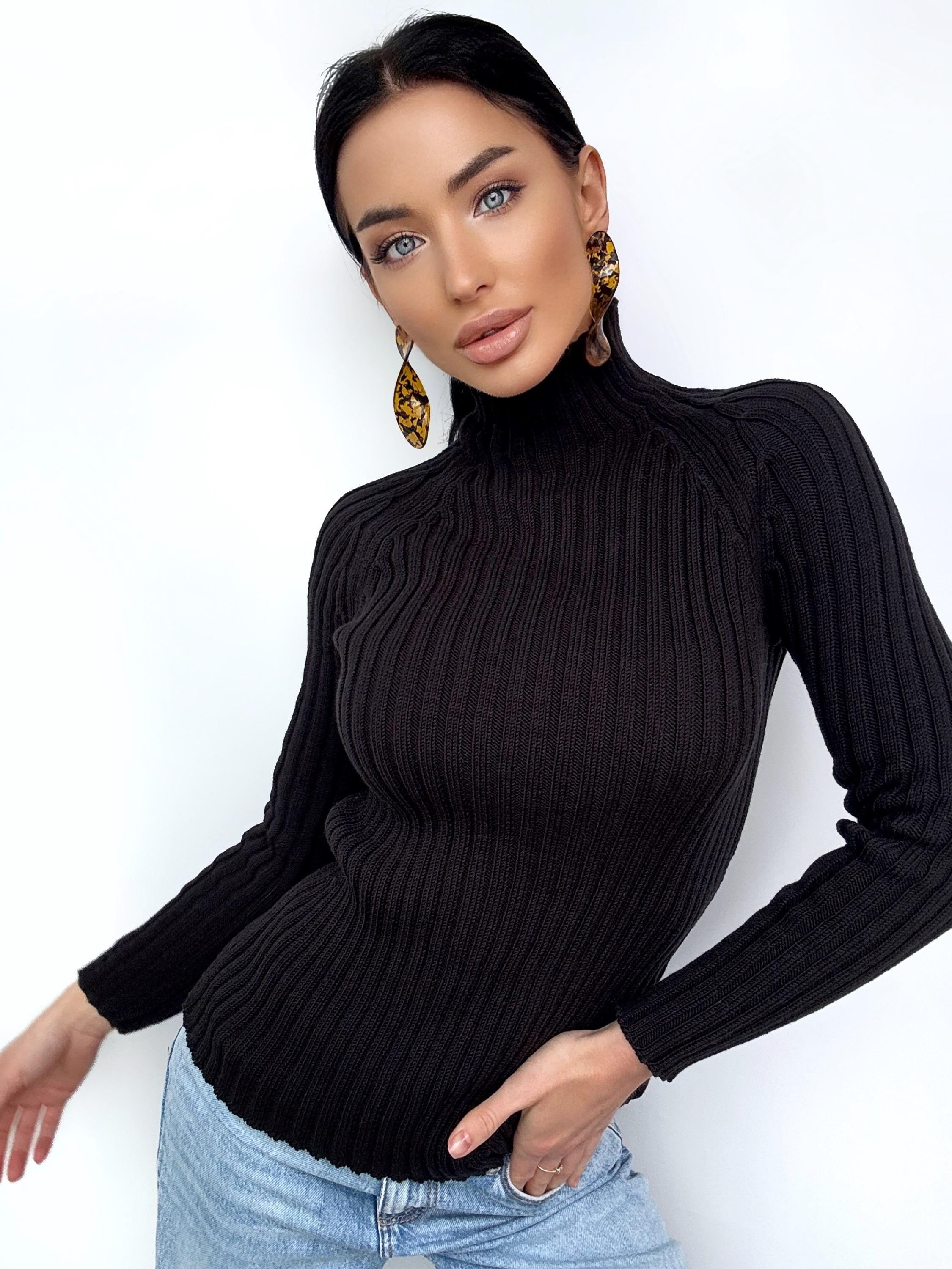 Merino wool оr cotton black knit Turtleneck for women Ribbed Long Sleeve Sweater Comfortable body-friendly Turtle neck wool