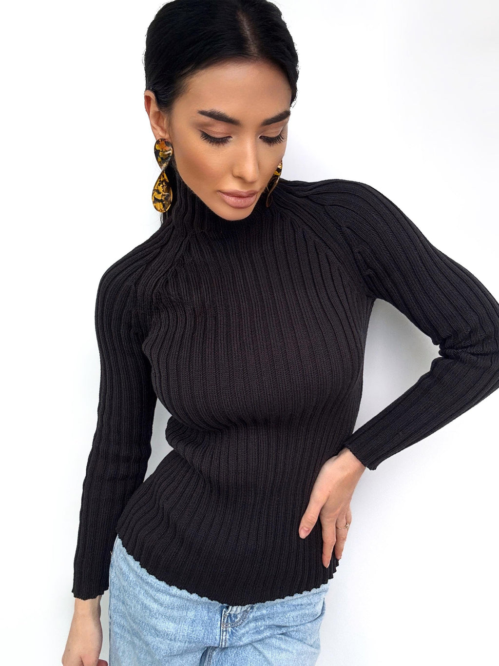 Merino wool оr cotton black knit Turtleneck for women Ribbed Long Sleeve Sweater Comfortable body-friendly Turtle neck wool