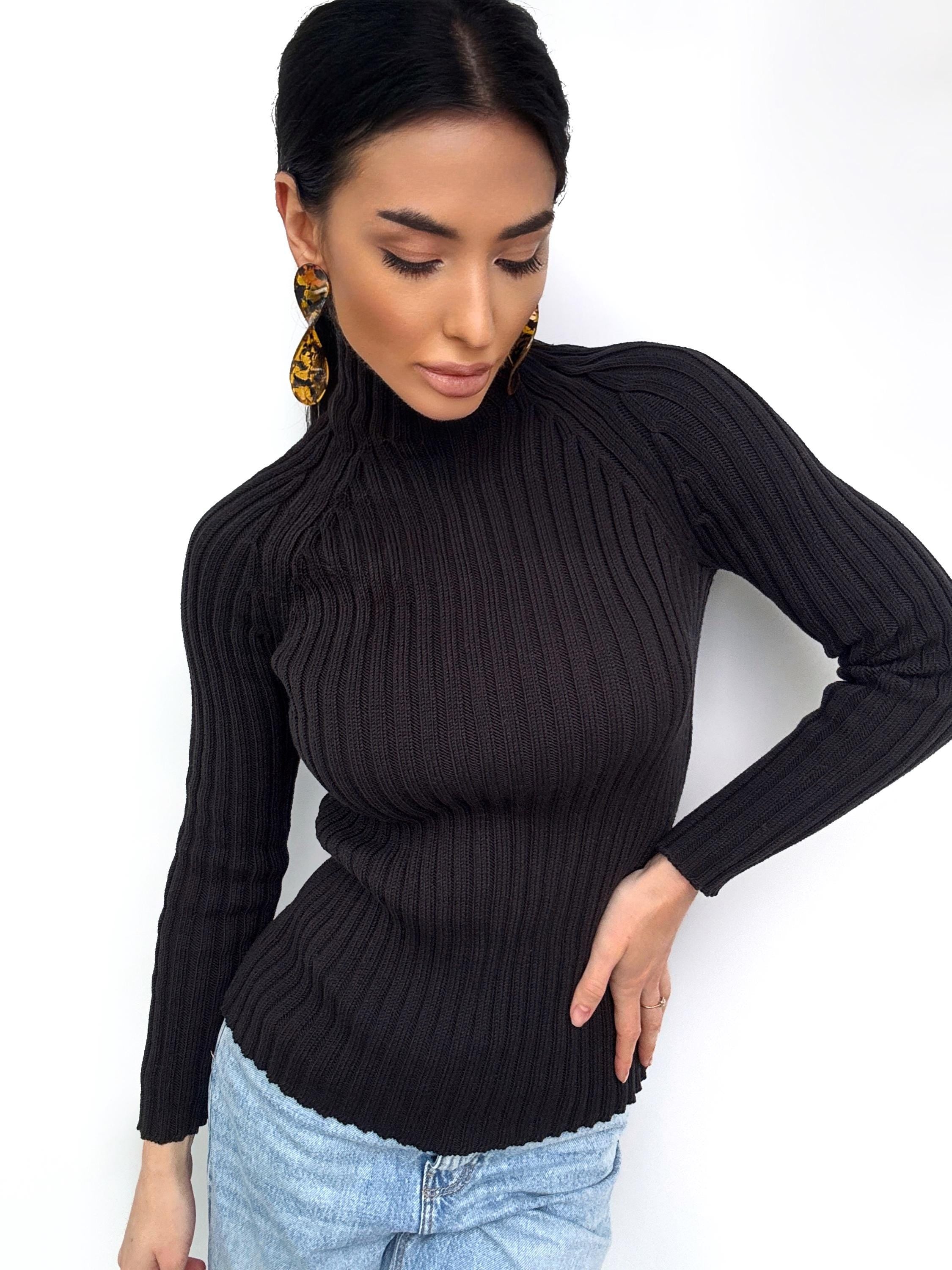 Merino wool оr cotton black knit Turtleneck for women Ribbed Long Sleeve Sweater Comfortable body-friendly Turtle neck wool
