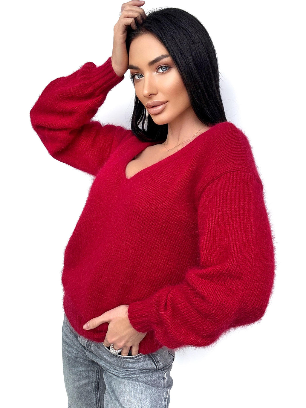 Red Burgundy angora sweater Open back Deep neckline Knit fluffy angora pullover Loose fit oversized V-neck Top long sleevs Cozy gift her