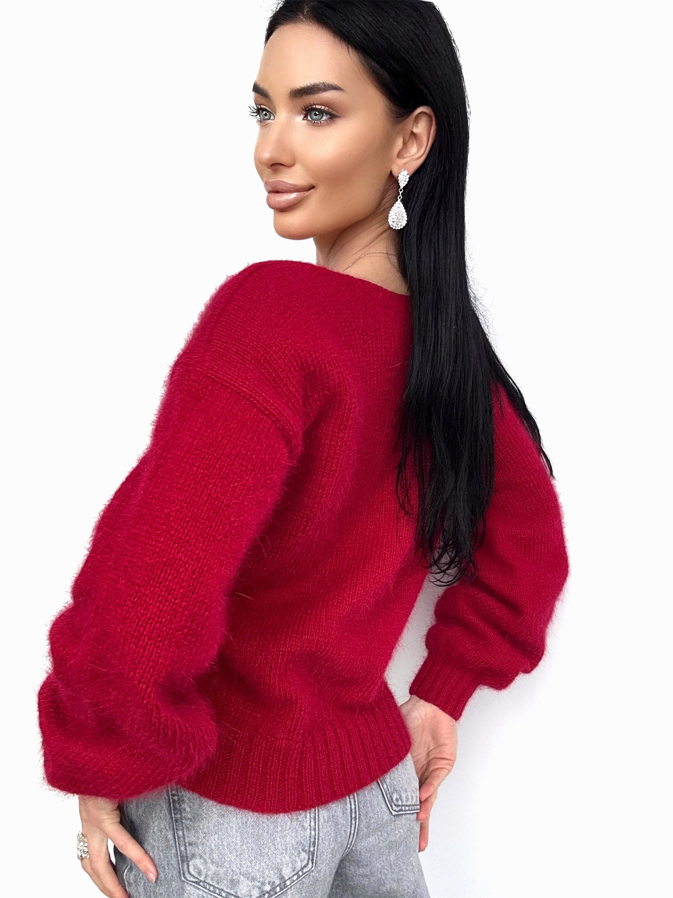 Red Burgundy angora sweater Open back Deep neckline Knit fluffy angora pullover Loose fit oversized V-neck Top long sleevs Cozy gift her