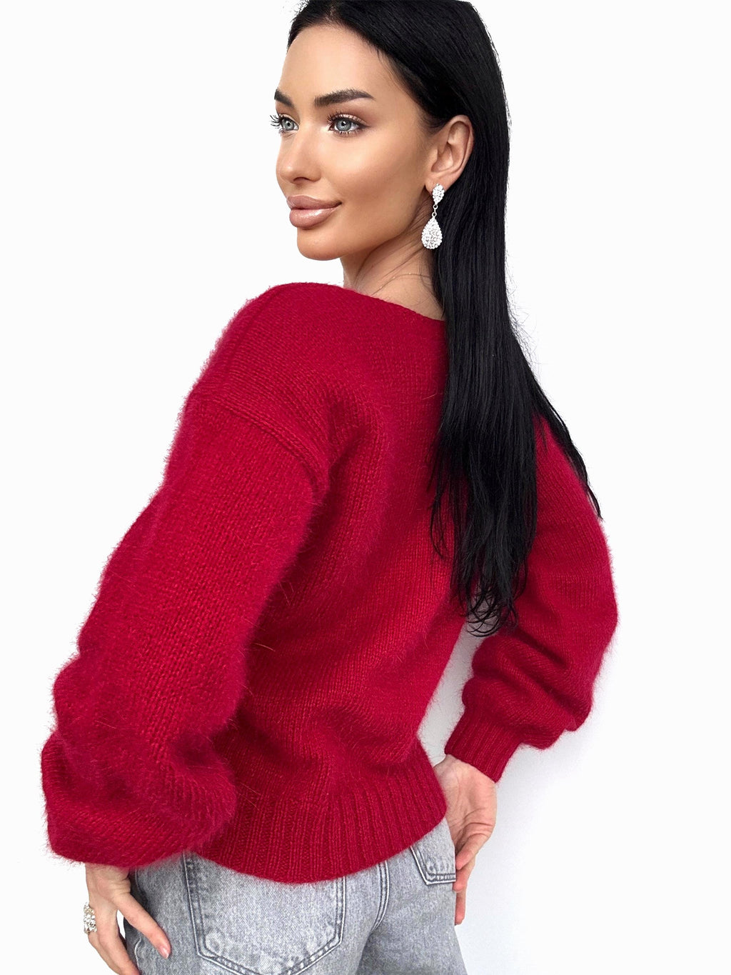 Red Burgundy angora sweater Open back Deep neckline Knit fluffy angora pullover Loose fit oversized V-neck Top long sleevs Cozy gift her