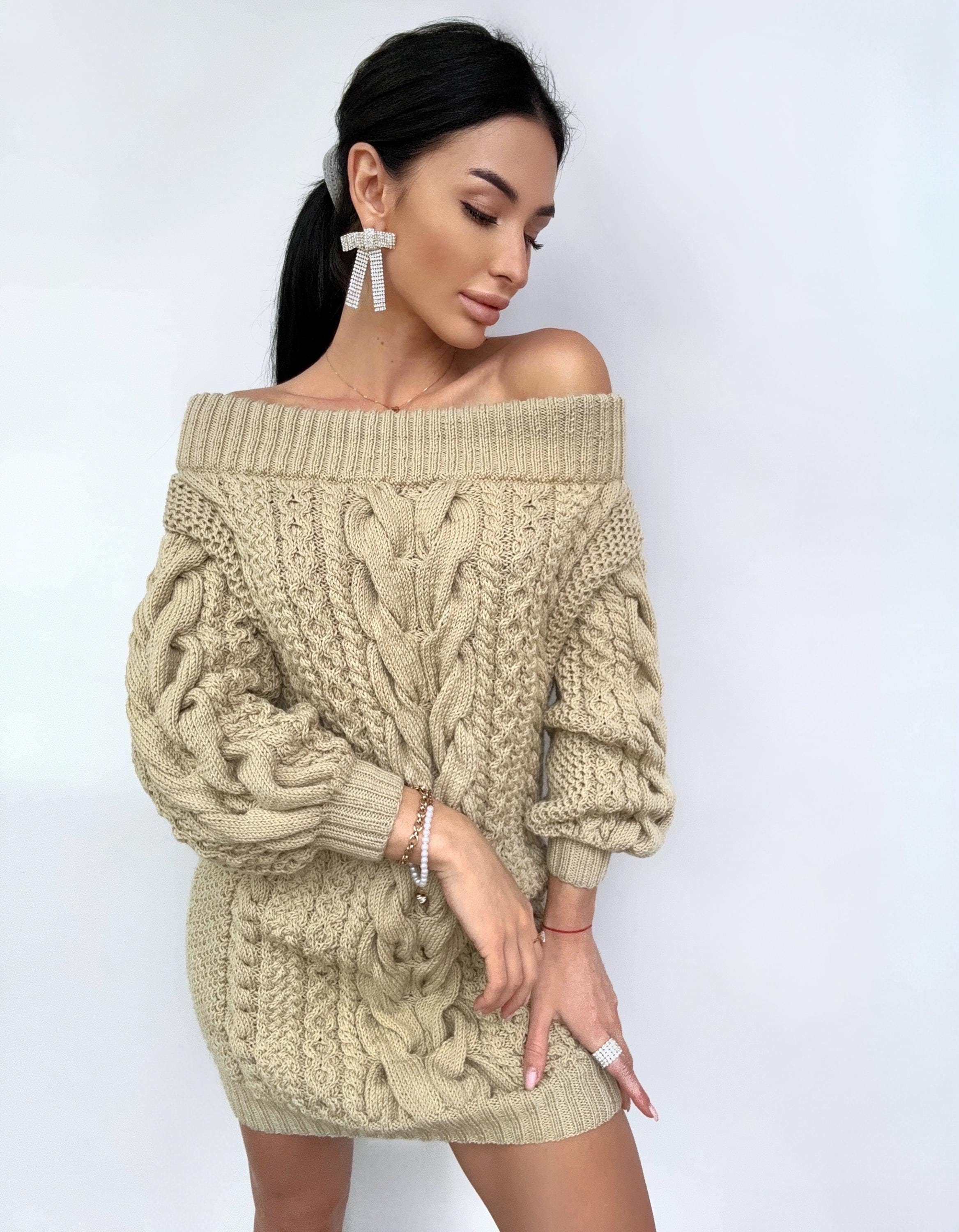 Off Shoulder Sweater Dress with Braids and Aranas Light beige merino wool sweater dress for women Cable sweater Long wool one shoulder dress