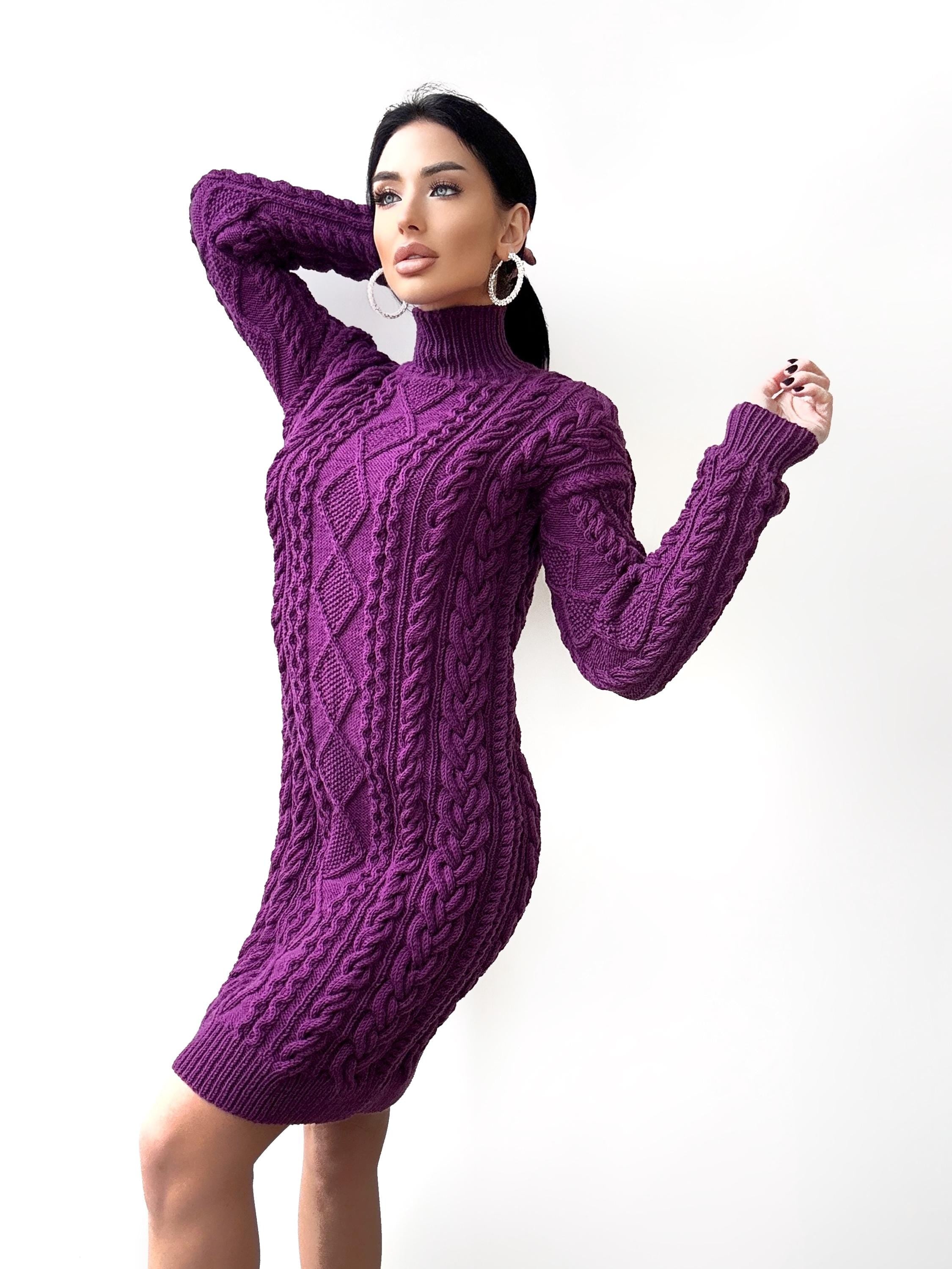 Hand knit wool Purple sweater dress Chunky knit turtleneck big sweater Oversize cozy sweater high collar Women cable knit sweater