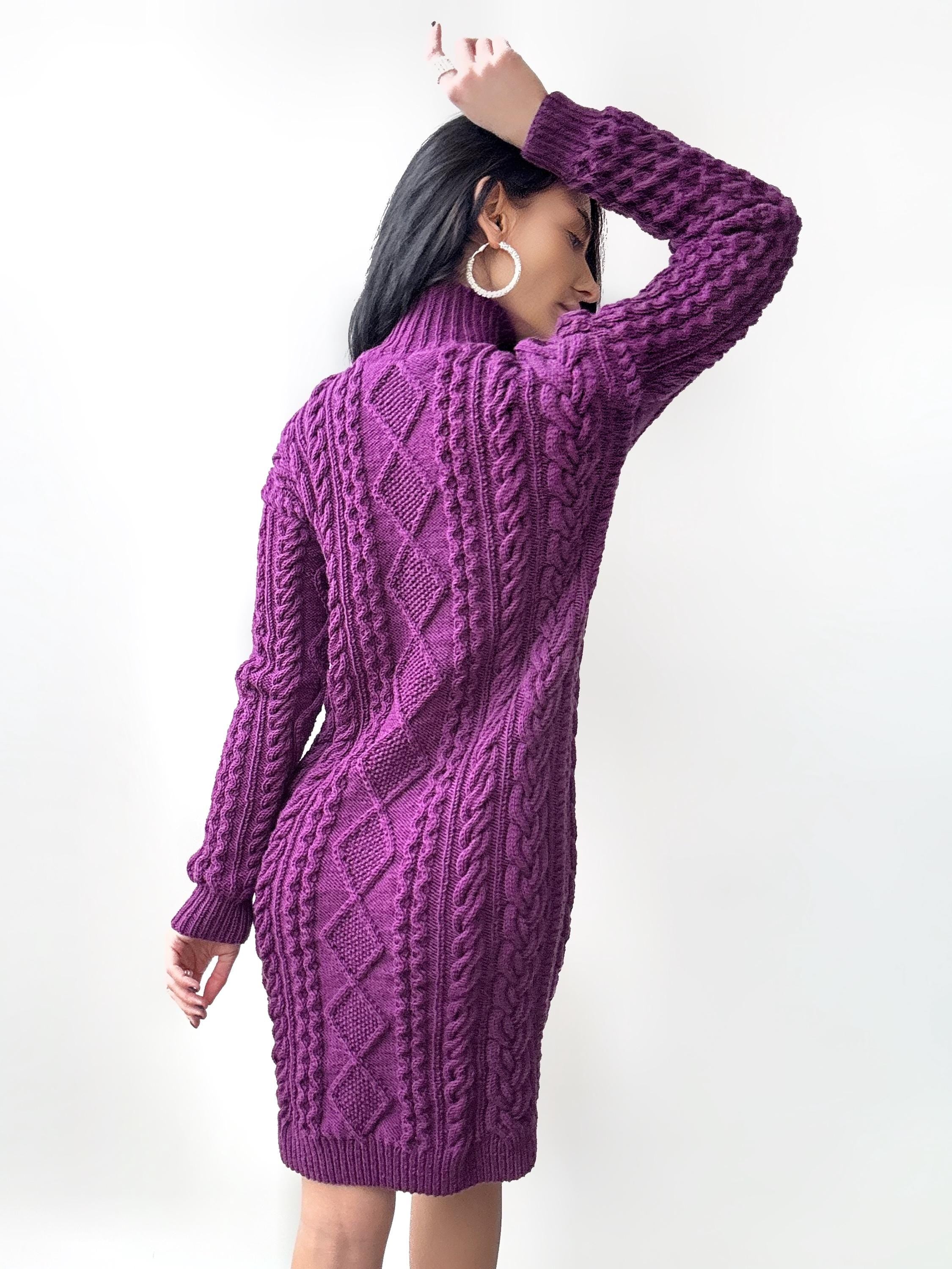 Hand knit wool Purple sweater dress Chunky knit turtleneck big sweater Oversize cozy sweater high collar Women cable knit sweater