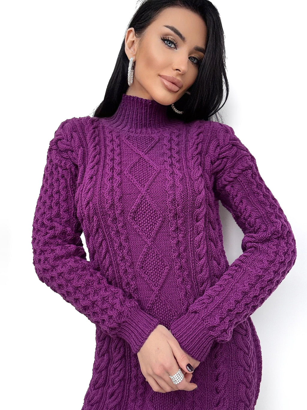 Hand knit wool Purple sweater dress Chunky knit turtleneck big sweater Oversize cozy sweater high collar Women cable knit sweater