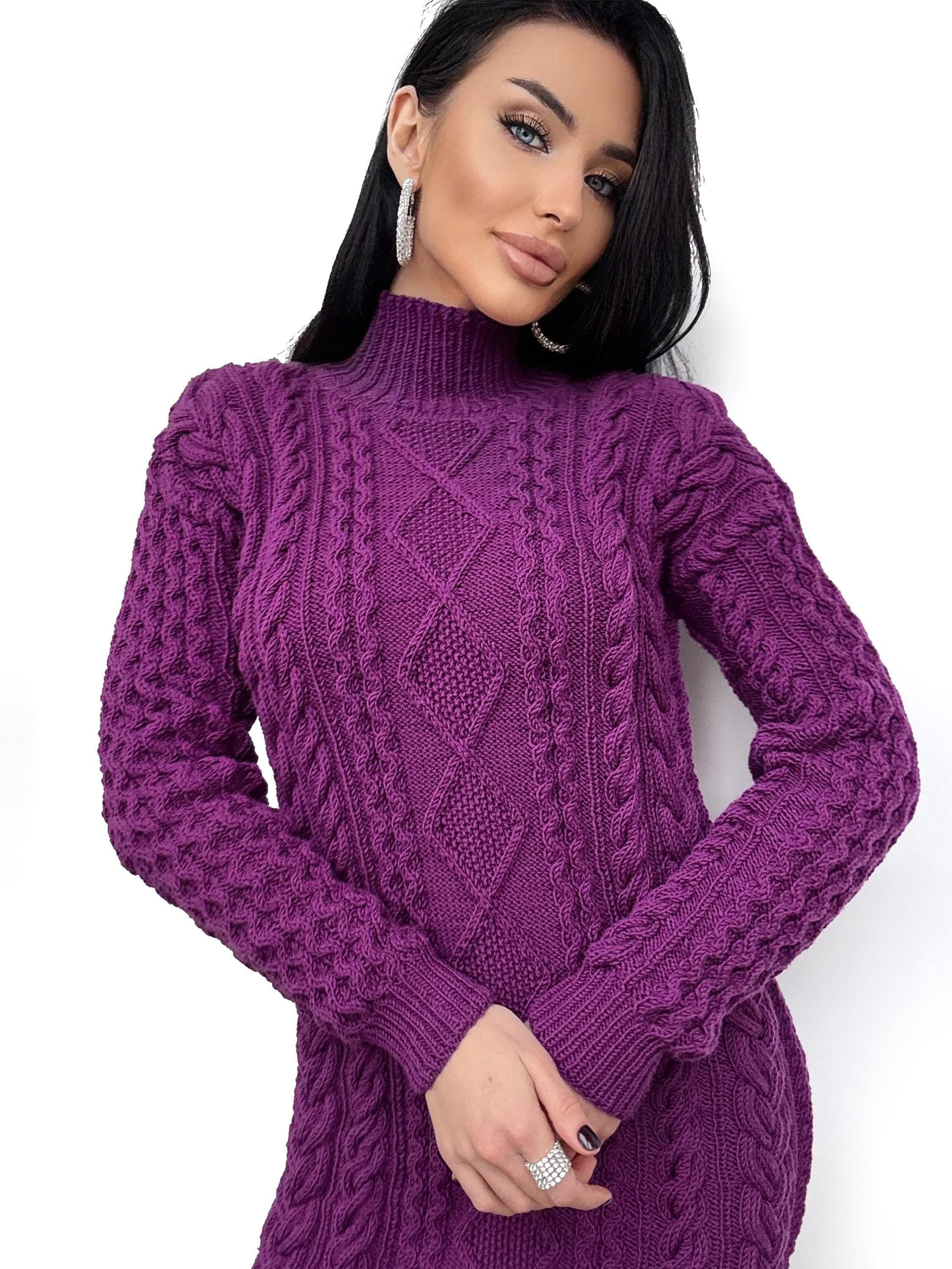 Hand knit wool Purple sweater dress Chunky knit turtleneck big sweater Oversize cozy sweater high collar Women cable knit sweater