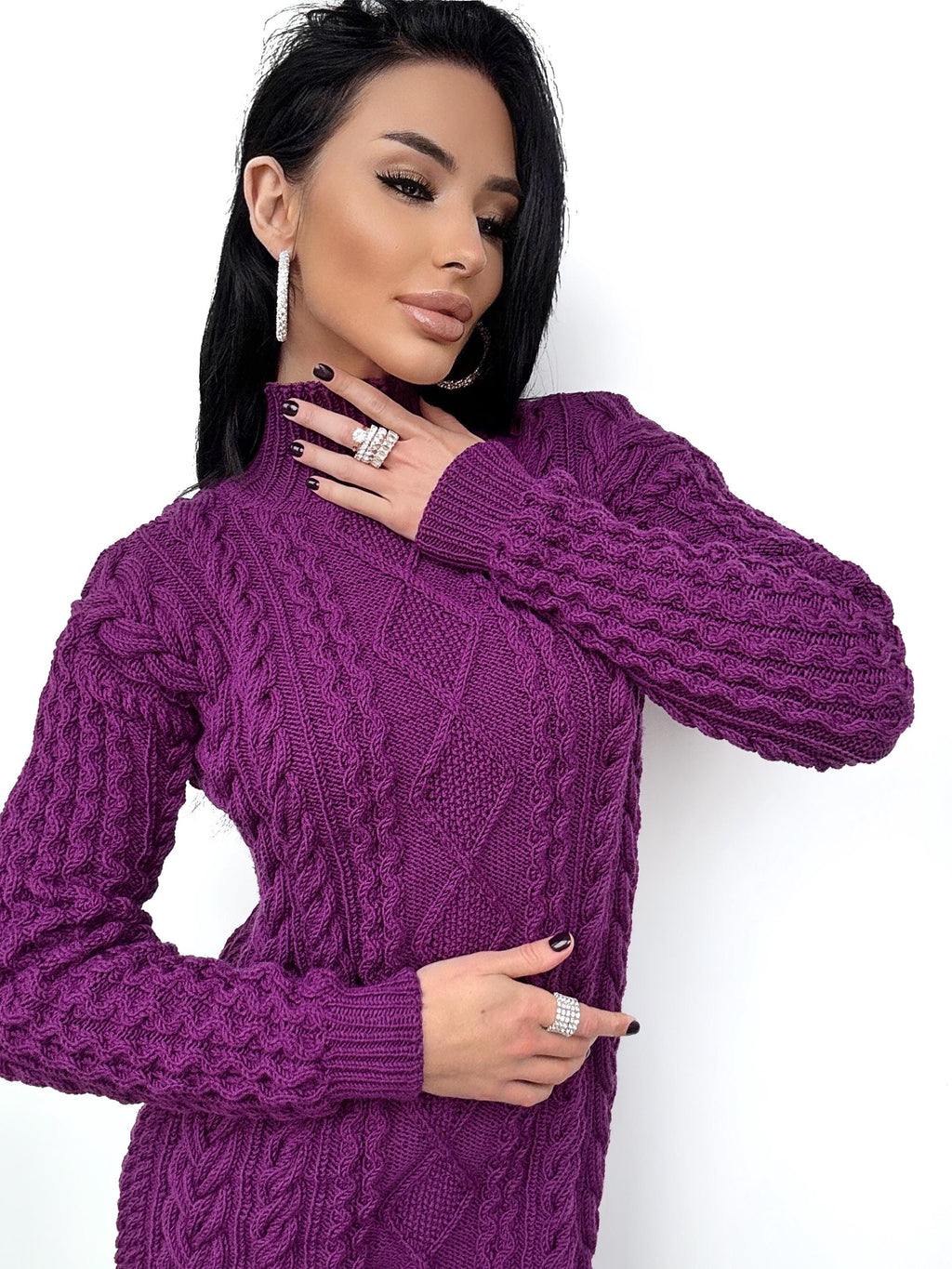 Hand knit wool Purple sweater dress Chunky knit turtleneck big sweater Oversize cozy sweater high collar Women cable knit sweater