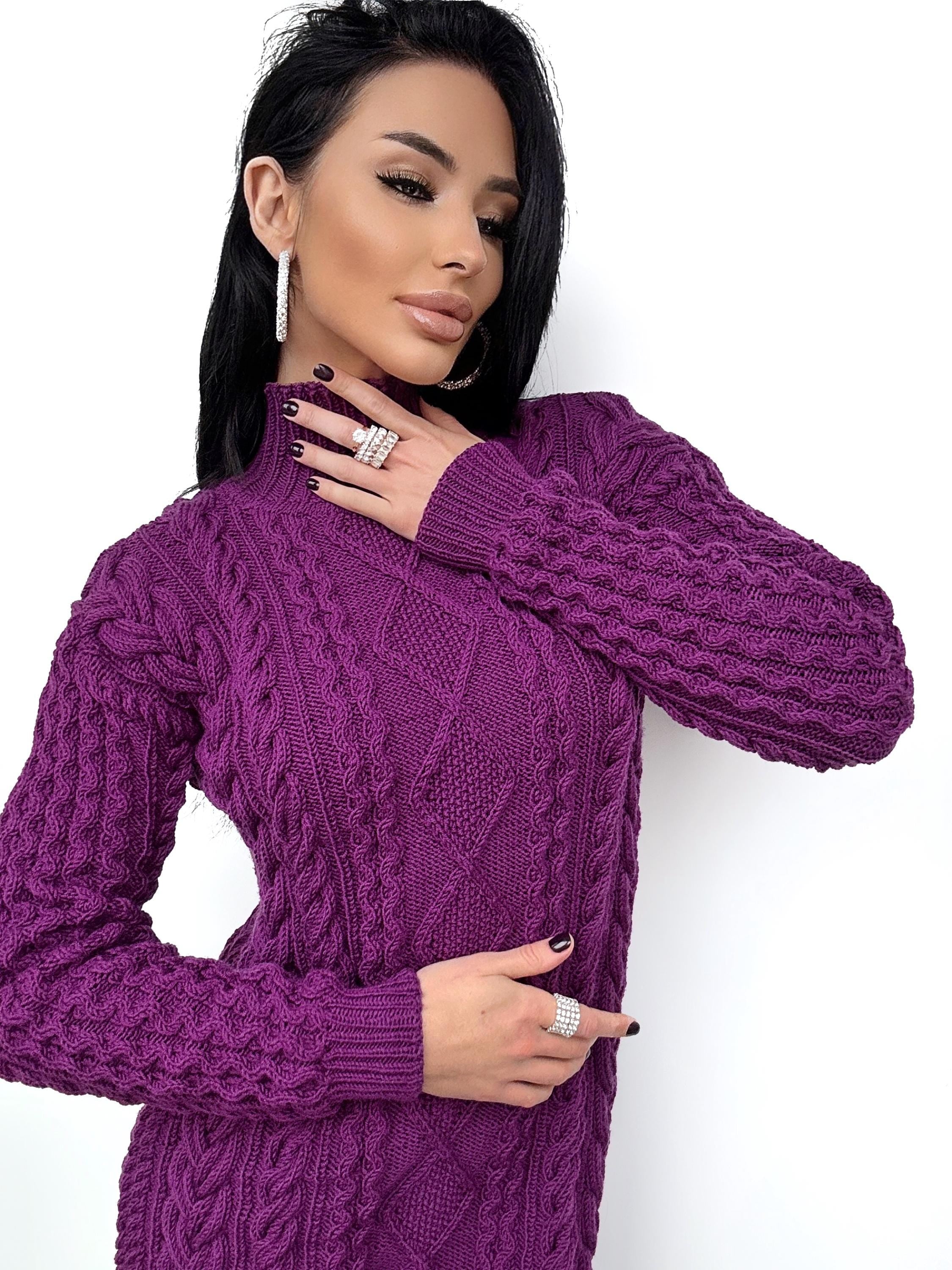 Aran hand knit purple Cable knit sweater dress high collar Chunky knit turtleneck pullover Oversize cozy wool long sweater knee-deep