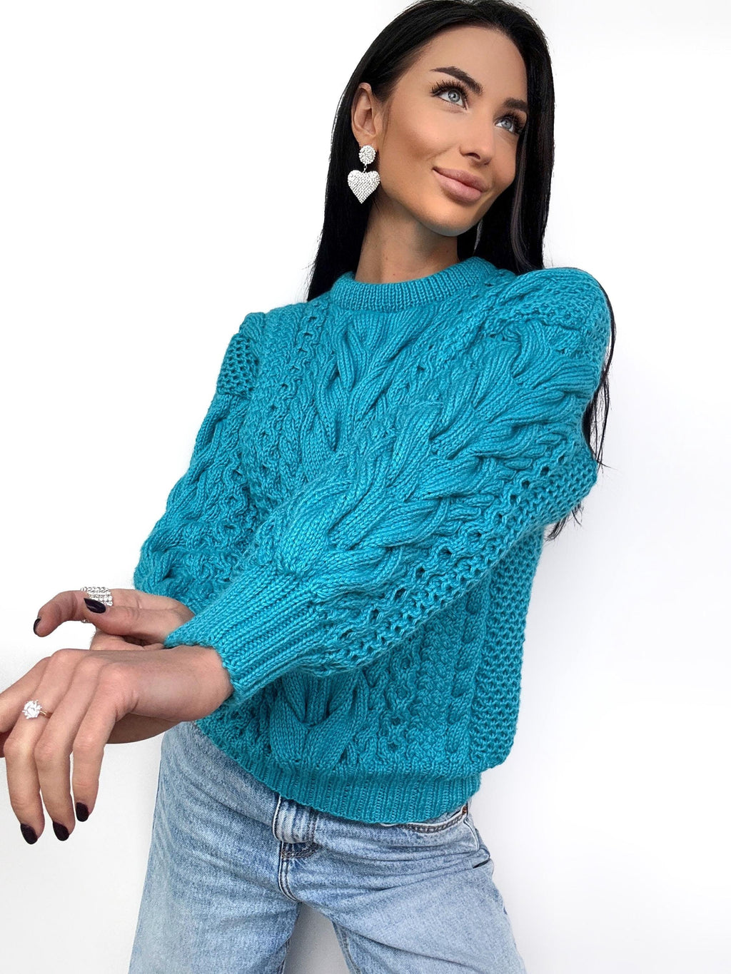 Merino wool hand knit blue turquoise sweater women/unisex Cable knit handmade jumper Loose chunky knit Scandinavian cable knit pullover