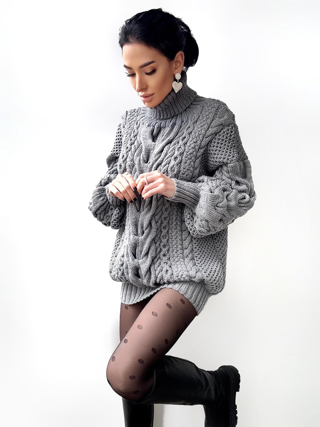 Aran long oversiz Grey big hand knit merino wool mixture sweater Turtleneck Graphite cable knit pullover women Сhunky knit sweater