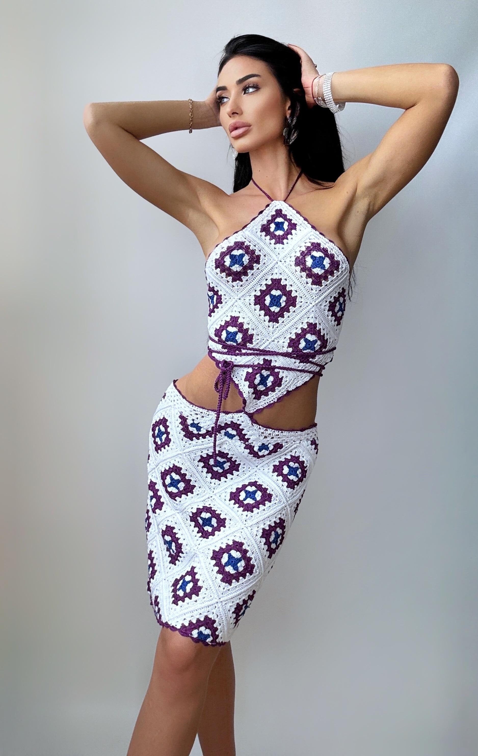 Crochet cotton white two pieces set Top & Skirt Mini Dress Granny Square Open back Summer costume Festival Outfit Beach suit dress Cover up