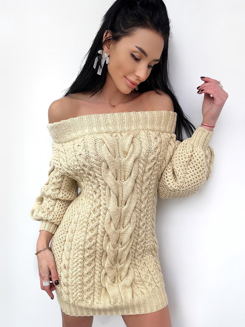 Hand knit sweater dress women Light beige Cream off shoulder sweater dress Long Cable wool sweater Knitted one shoulder dress Big cozy