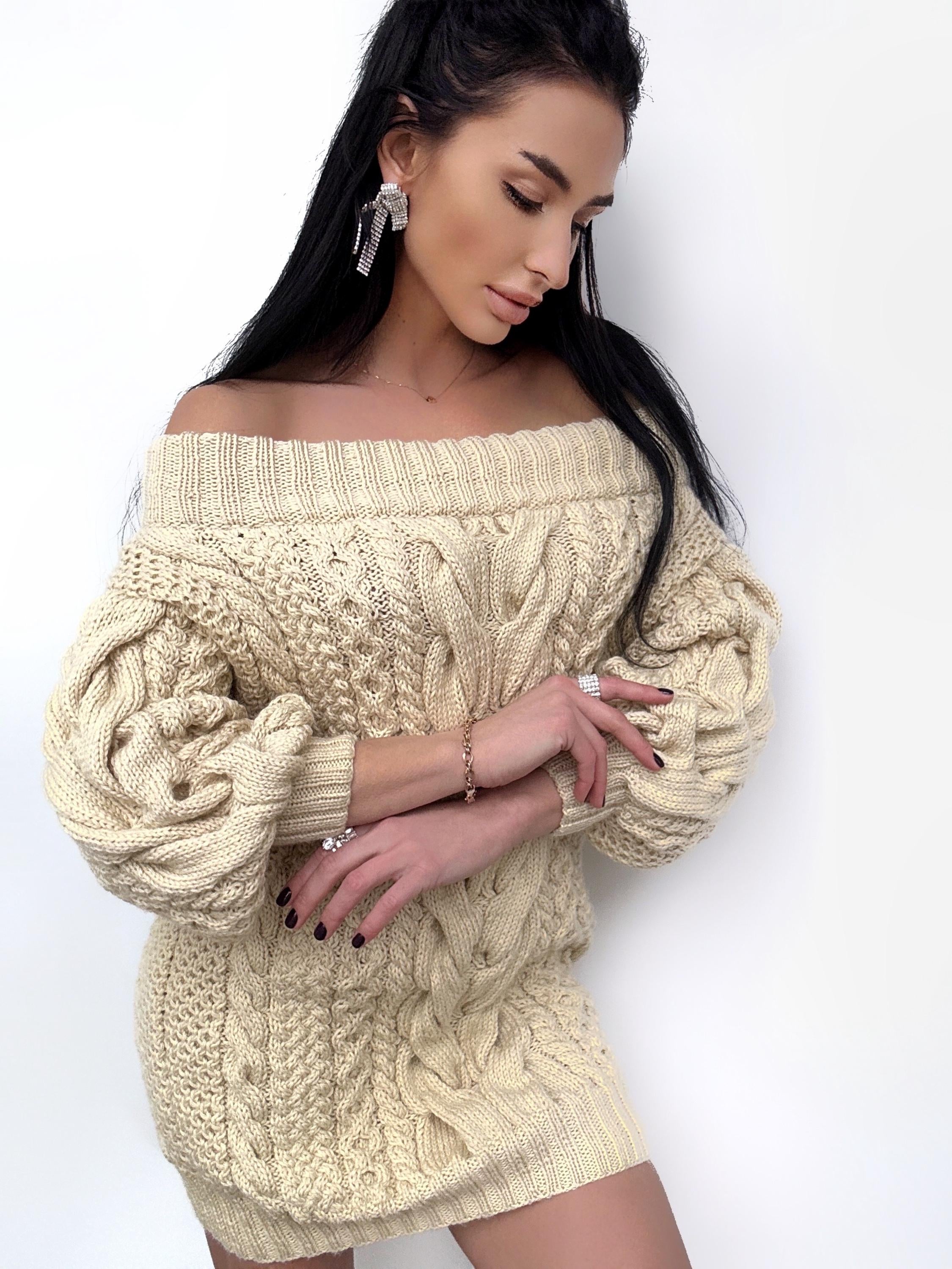 Hand knit sweater dresses women light beige off shoulder sweater dress Long Cable wool sweater Knitted one shoulder dress Big cozy pulover