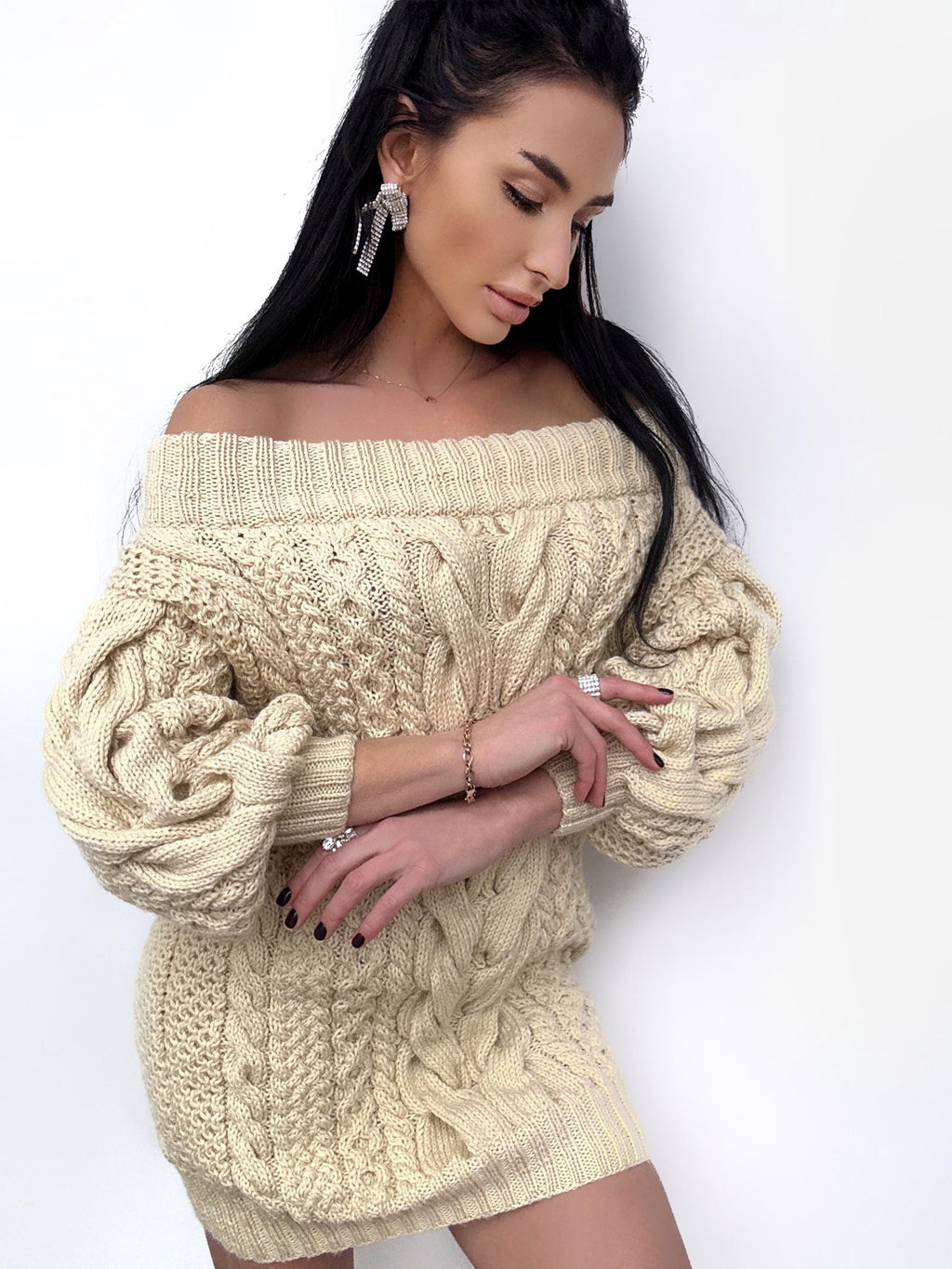 Hand knit sweater dresses women light beige off shoulder sweater dress Long Cable wool sweater Knitted one shoulder dress Big cozy pulover
