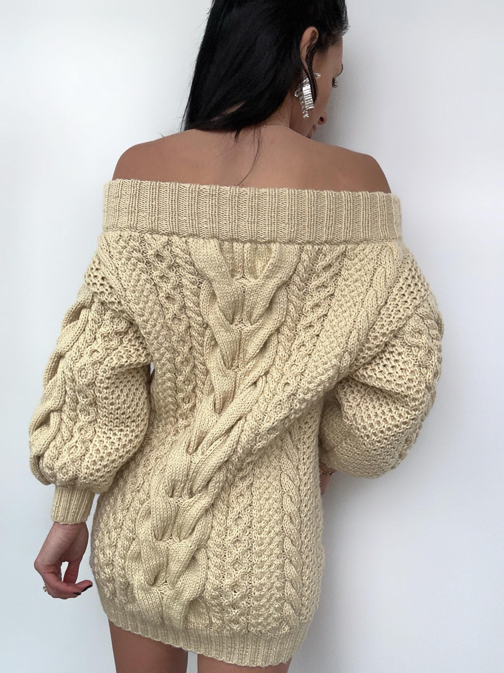 Hand knit sweater dresses women light beige off shoulder sweater dress Long Cable wool sweater Knitted one shoulder dress Big cozy pulover