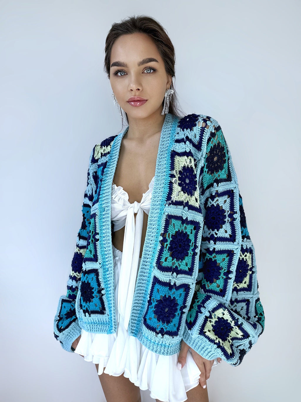 Crochet colorful organc cotton blue green granny square cardigan Floral Patchwork bomber women Jacket coat Boho cardigan Afghan Coat Festiva