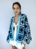 Crochet colorful organc cotton blue green granny square cardigan Floral Patchwork bomber women Jacket coat Boho cardigan Afghan Coat Festiva