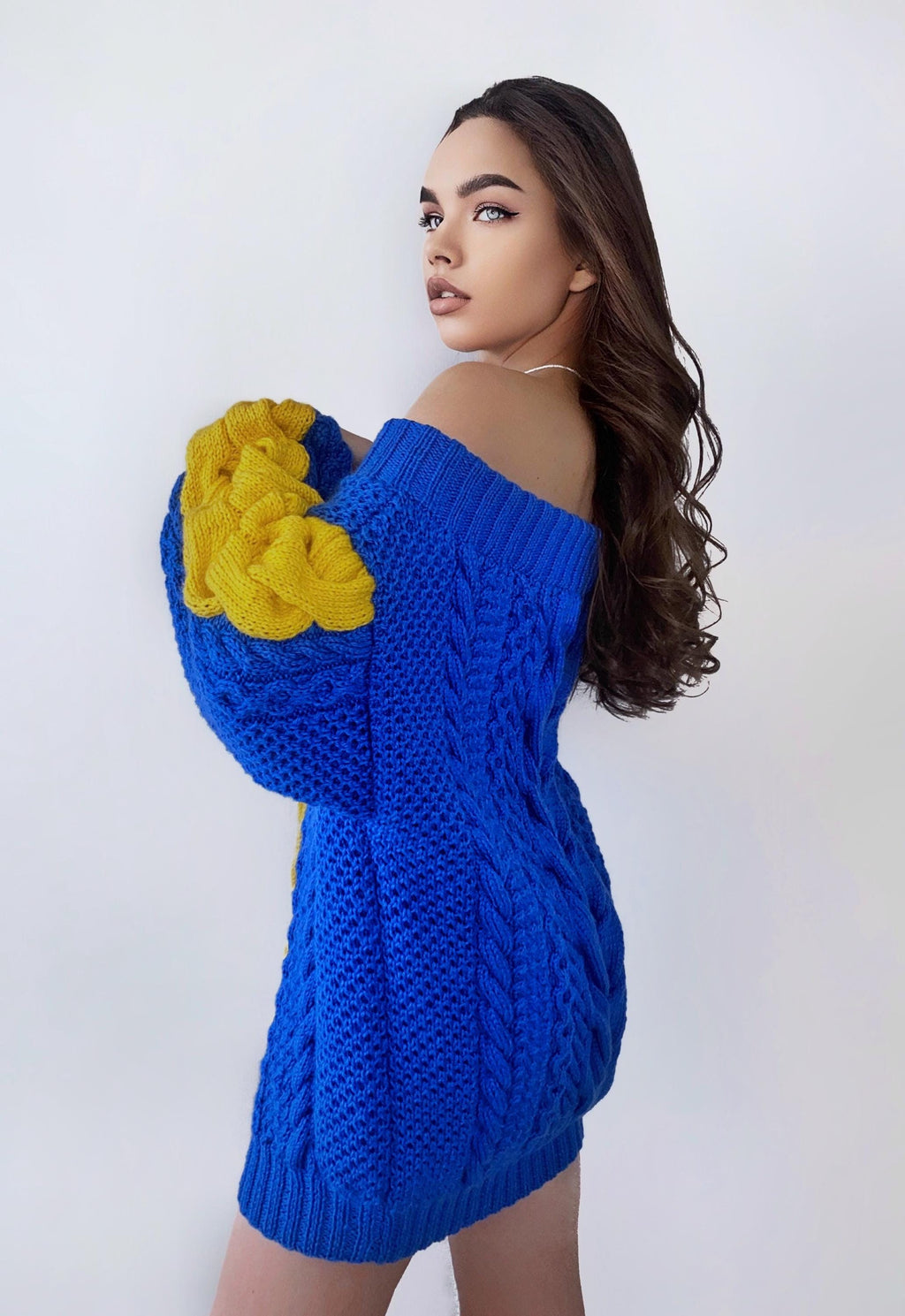 Hand knit "golden state warriors" sweater dresses women's Blue Yellow cable braid sweater open shoulders merino wool Autumn knit dress