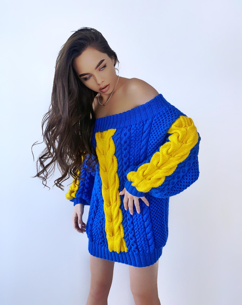 Hand knit "golden state warriors" sweater dresses women's Blue Yellow cable braid sweater open shoulders merino wool Autumn knit dress