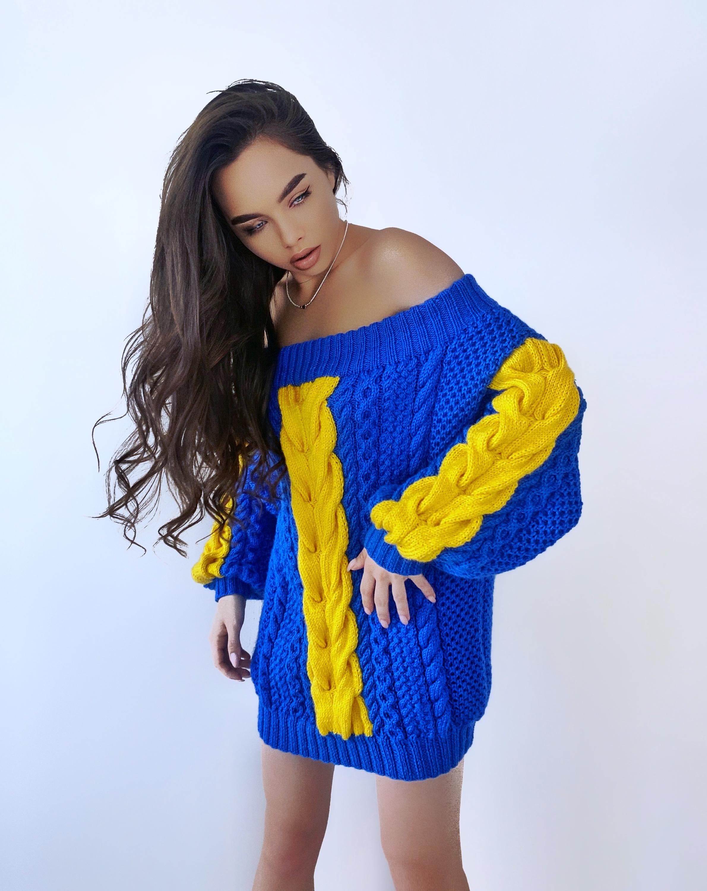 Hand knit "golden state warriors" sweater dresses women's Blue Yellow cable braid sweater open shoulders merino wool Autumn knit dress