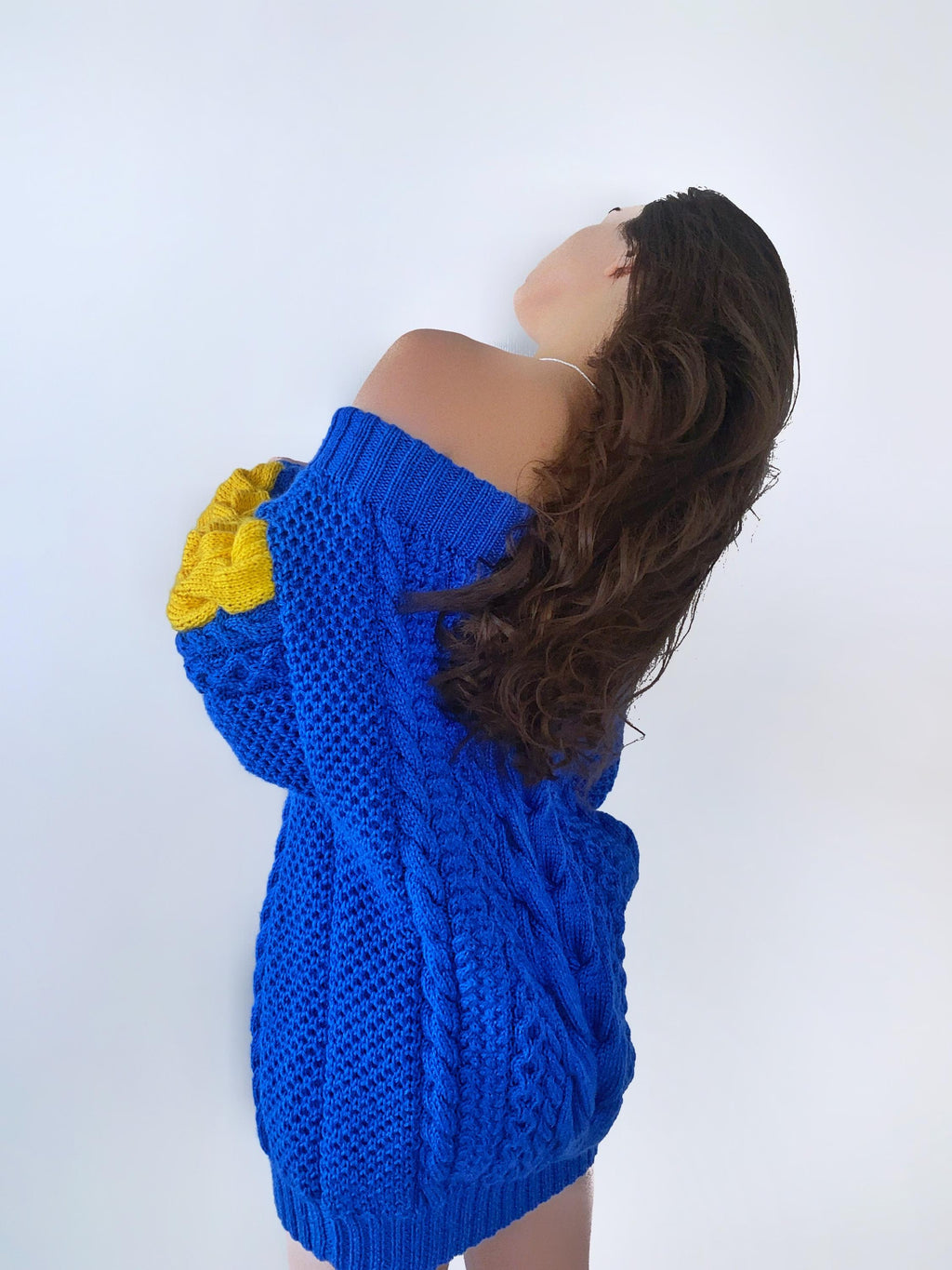 Hand knit "golden state warriors" sweater dresses women's Blue Yellow cable braid sweater open shoulders merino wool Autumn knit dress