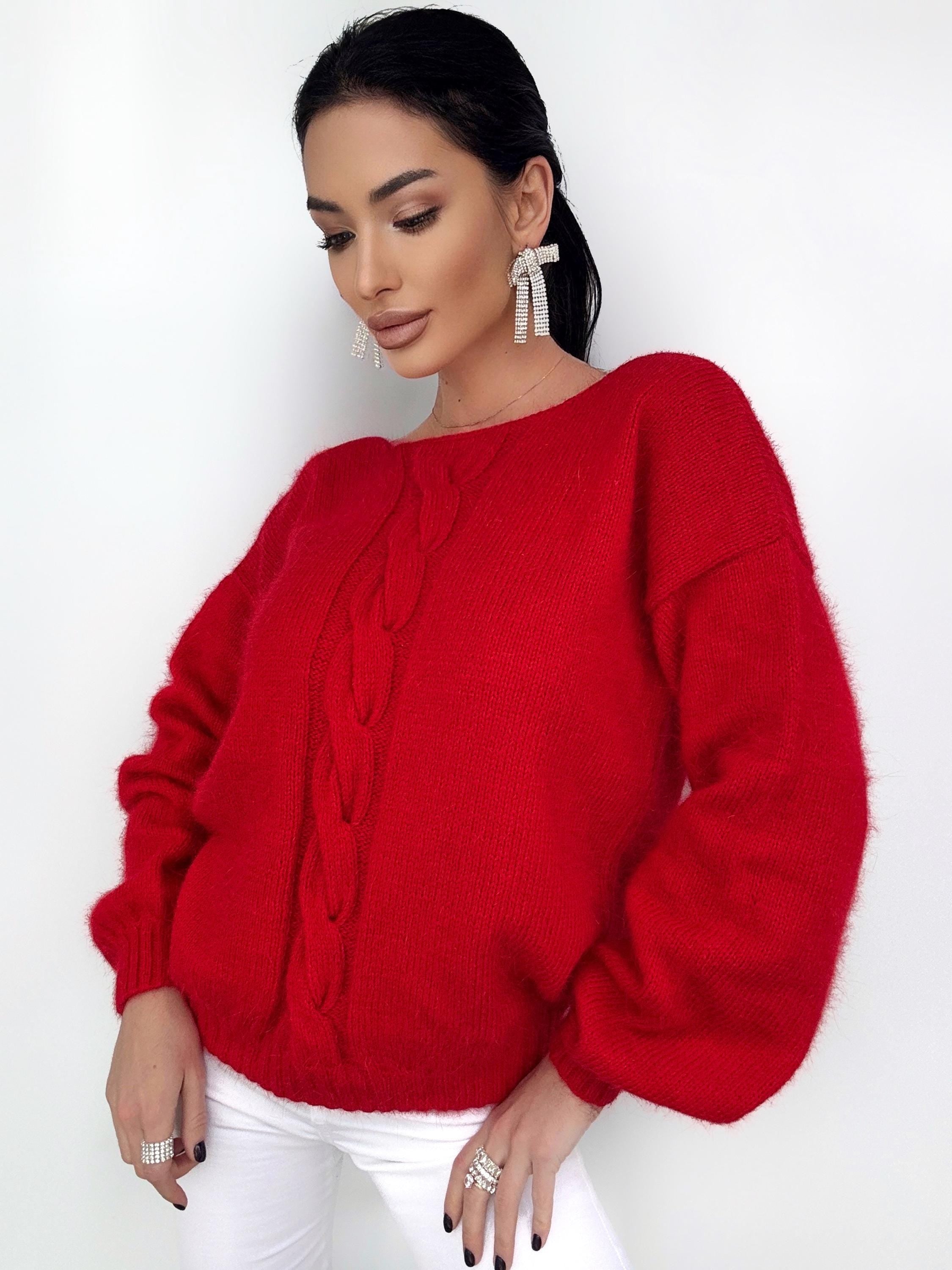 Red angora hand knit sweater Open back Deep neckline Knitted fluffy angora pullover Loose fit oversized V-neck Top long sleevs Cozy gift her