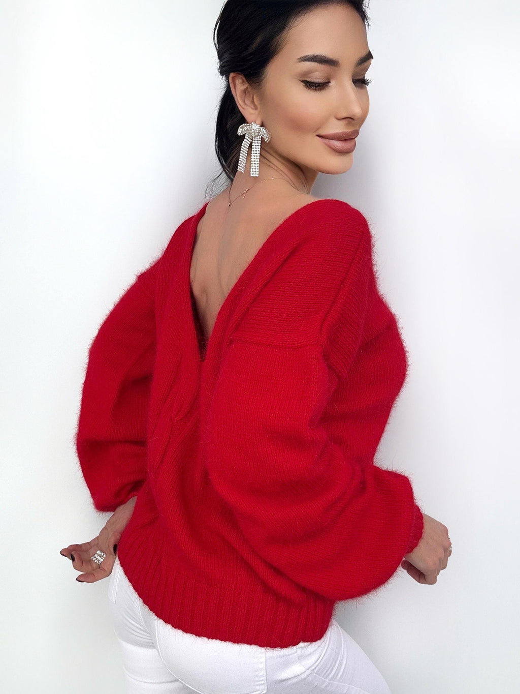 Red angora hand knit sweater Open back Deep neckline Knitted fluffy angora pullover Loose fit oversized V-neck Top long sleevs Cozy gift her