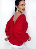 Red angora hand knit sweater Open back Deep neckline Knitted fluffy angora pullover Loose fit oversized V-neck Top long sleevs Cozy gift her