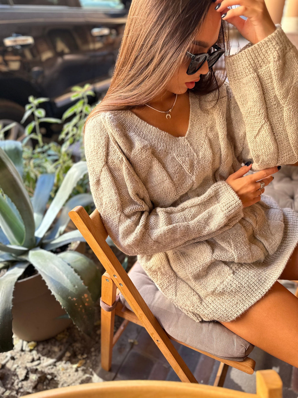 Alpaca wool cable knit oversize pastel sweater dresses women Beige melange pullover V -collar Long sweater Chunky knit loose sweater Cozy