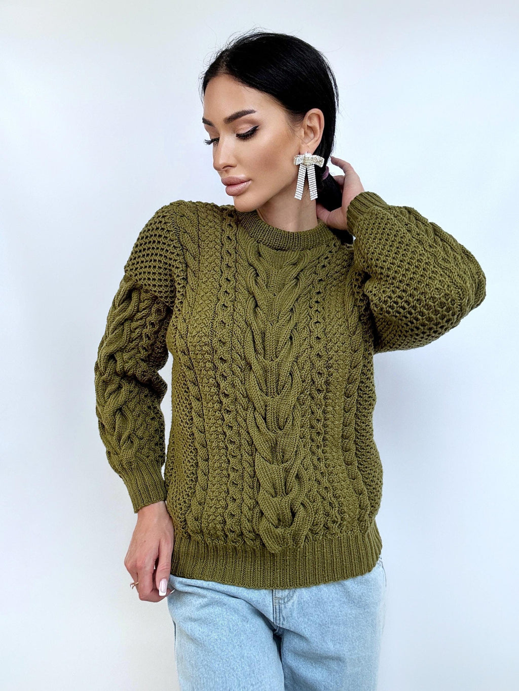 Khaki Green merino wool chunky knit sweater women Knitted jumper Cable loose Oversized sweater womens Fall Christmas sweater