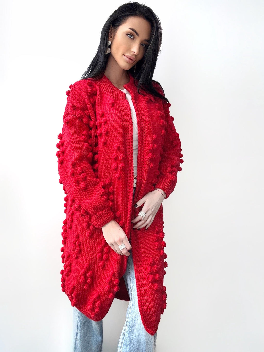 Hand knit red merino wool mixture Midi cardigan Cable knit long popcorn cardigan for women Popcorn Stitch Bobble Chunky knit sweater