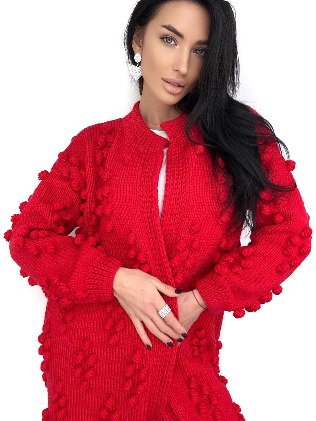 Hand knit red merino wool mixture Midi cardigan Cable knit long popcorn cardigan for women Popcorn Stitch Bobble Chunky knit sweater