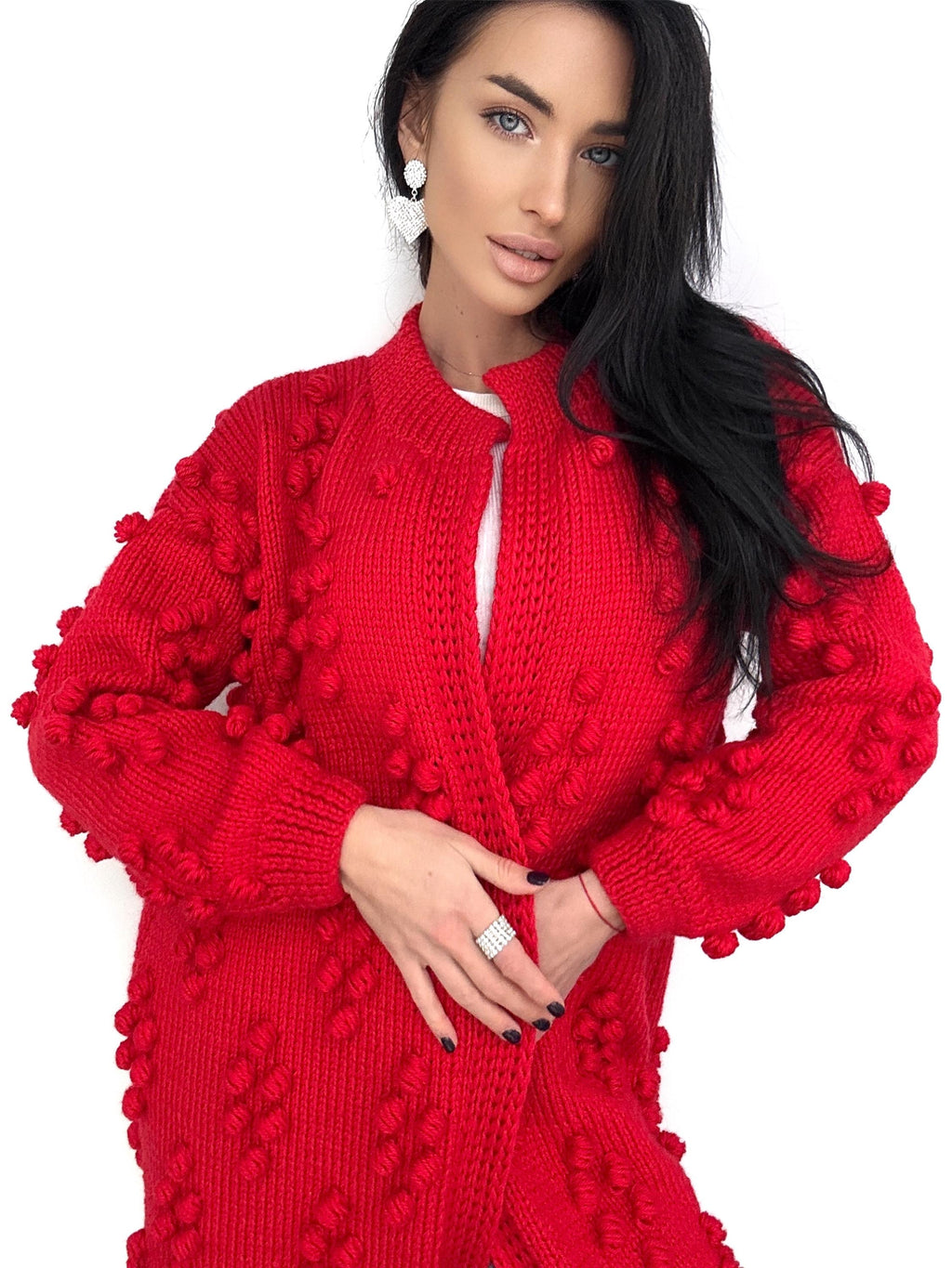 Hand knit red merino wool mixture Midi cardigan Cable knit long popcorn cardigan for women Popcorn Stitch Bobble Chunky knit sweater