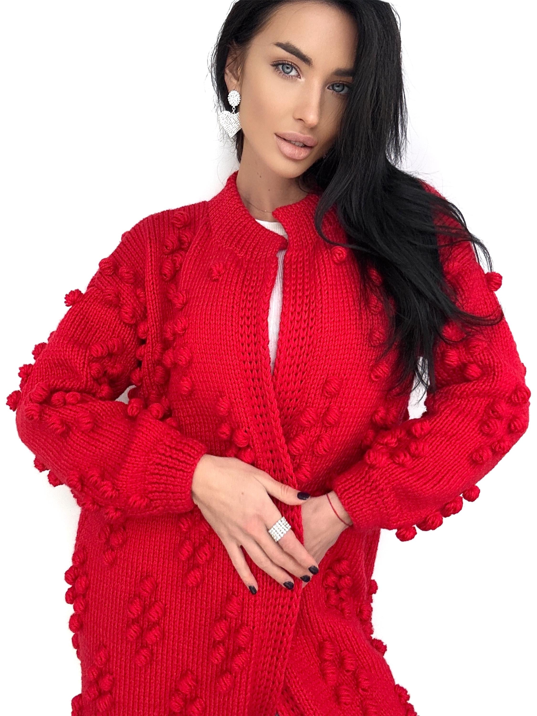 Hand knit red merino wool mixture Midi cardigan Cable knit long popcorn cardigan for women Popcorn Stitch Bobble Chunky knit sweater