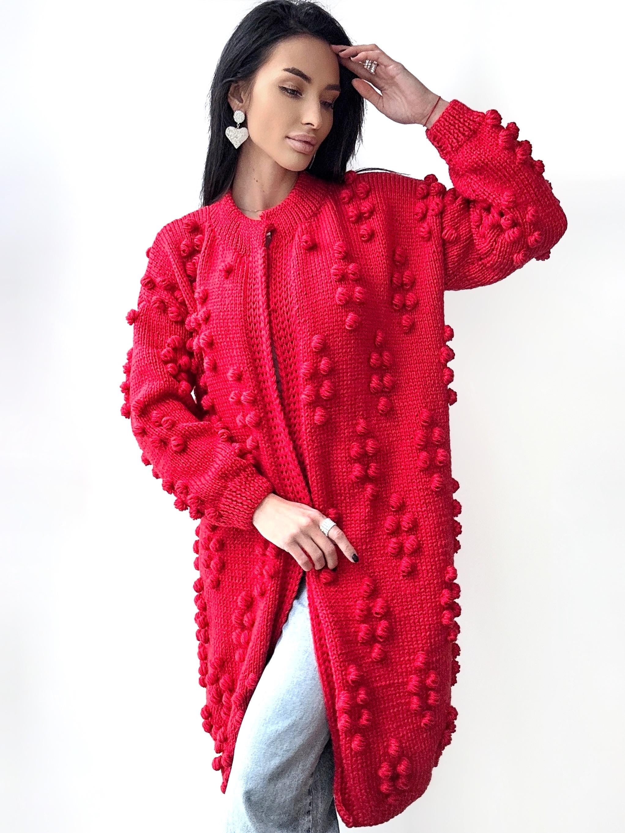 Hand knit red merino wool mixture Midi cardigan Cable knit long popcorn cardigan for women Popcorn Stitch Bobble Chunky knit sweater