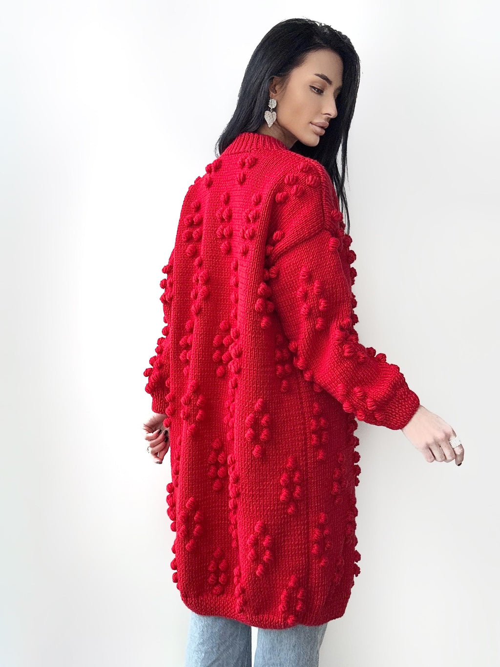 Hand knit red merino wool mixture Midi cardigan Cable knit long popcorn cardigan for women Popcorn Stitch Bobble Chunky knit sweater