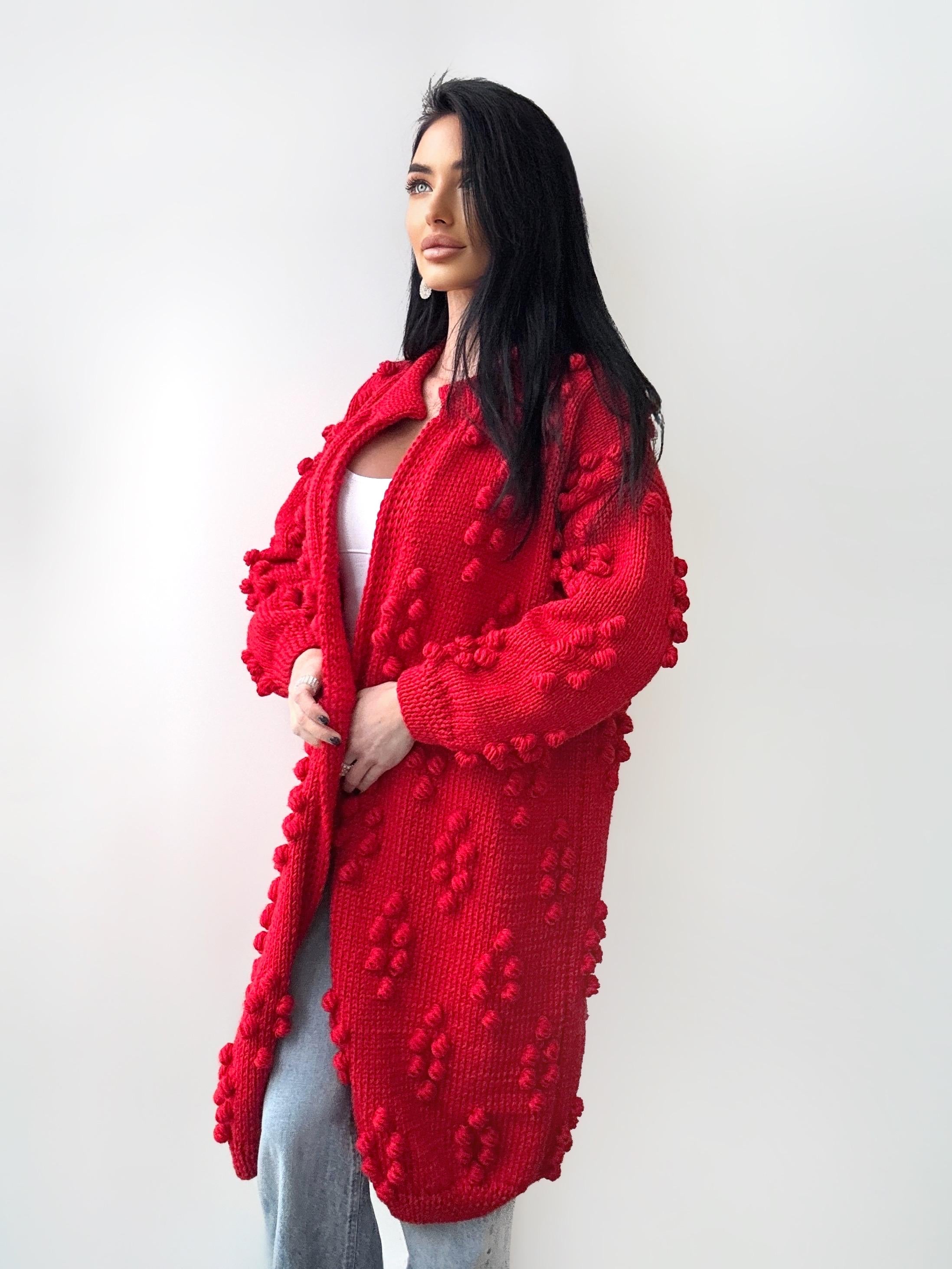Hand knit red merino wool mixture Midi cardigan Cable knit long popcorn cardigan for women Popcorn Stitch Bobble Chunky knit sweater