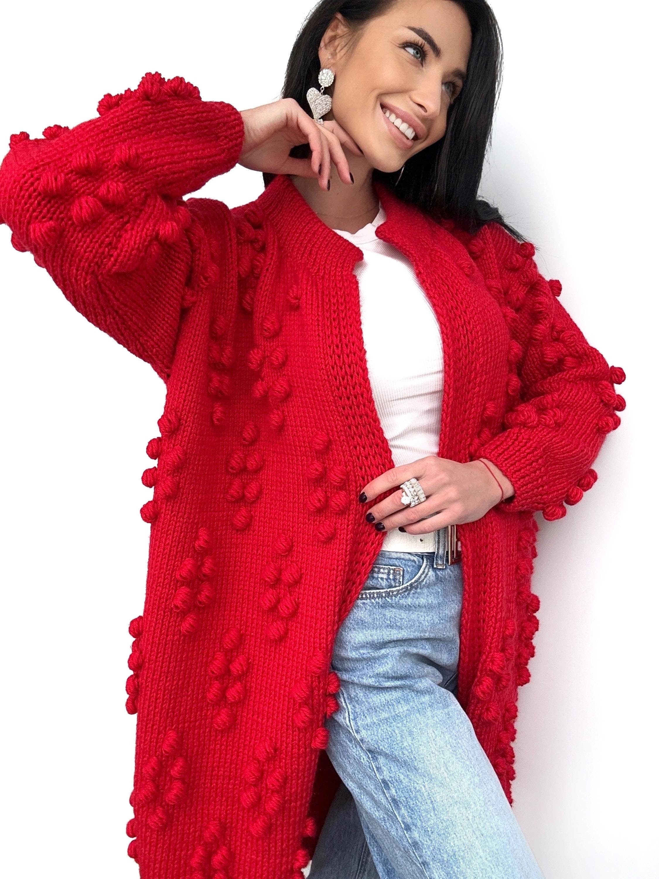 Hand knit red merino wool mixture Midi cardigan Cable knit long popcorn cardigan for women Popcorn Stitch Bobble Chunky knit sweater