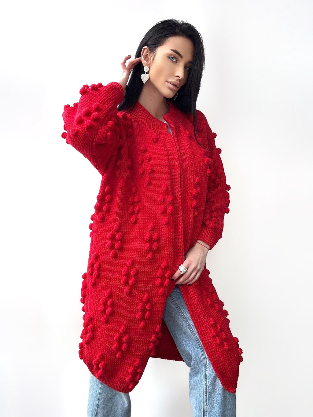 Hand knit red merino wool mixture Midi cardigan Cable knit long popcorn cardigan for women Popcorn Stitch Bobble Chunky knit sweater