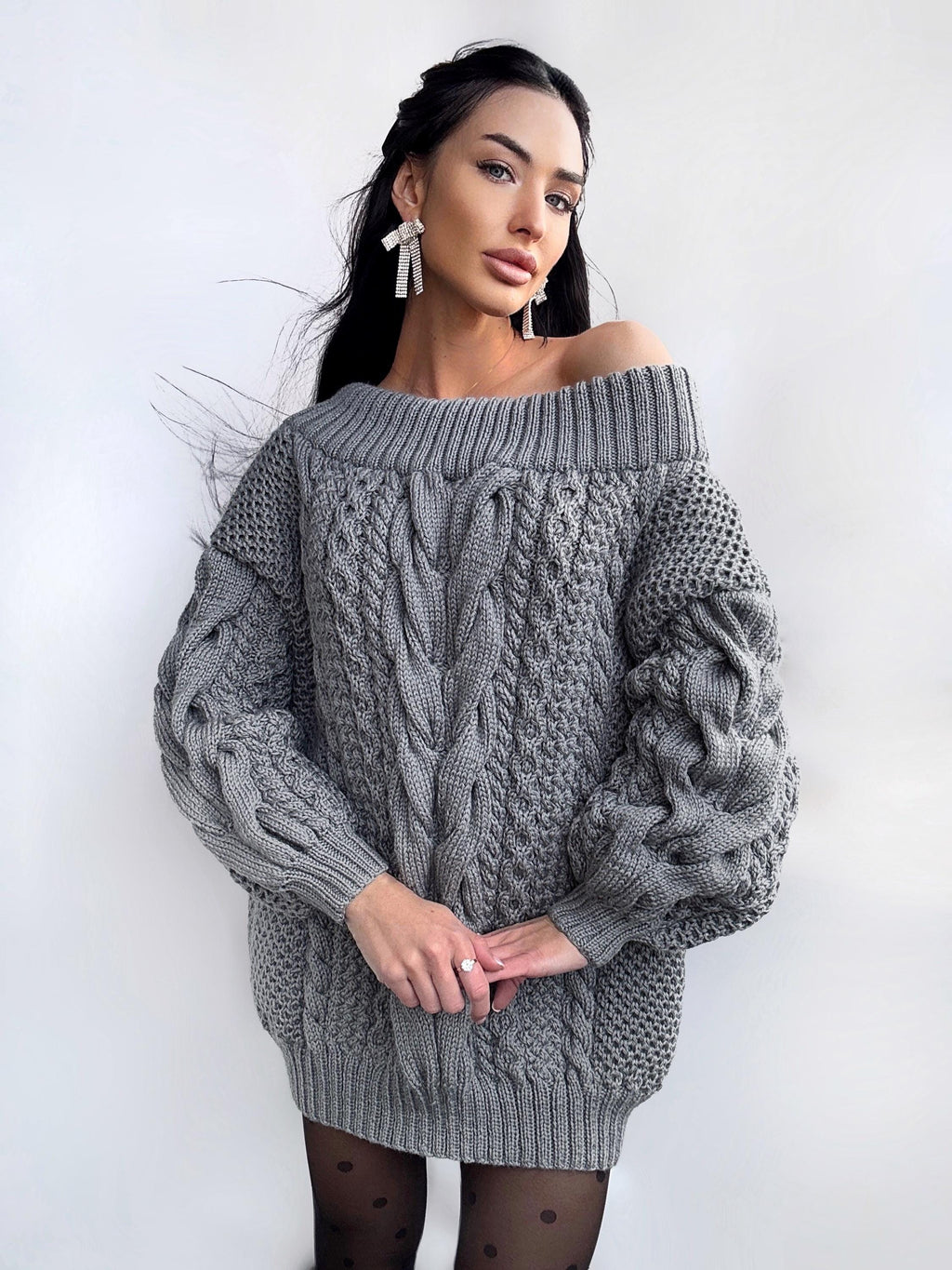 Hand knit sweater dresses women Dark Grey Graphite off shoulder sweater dress Long Cable wool sweater Chunky one shoulder dress cozy pulover