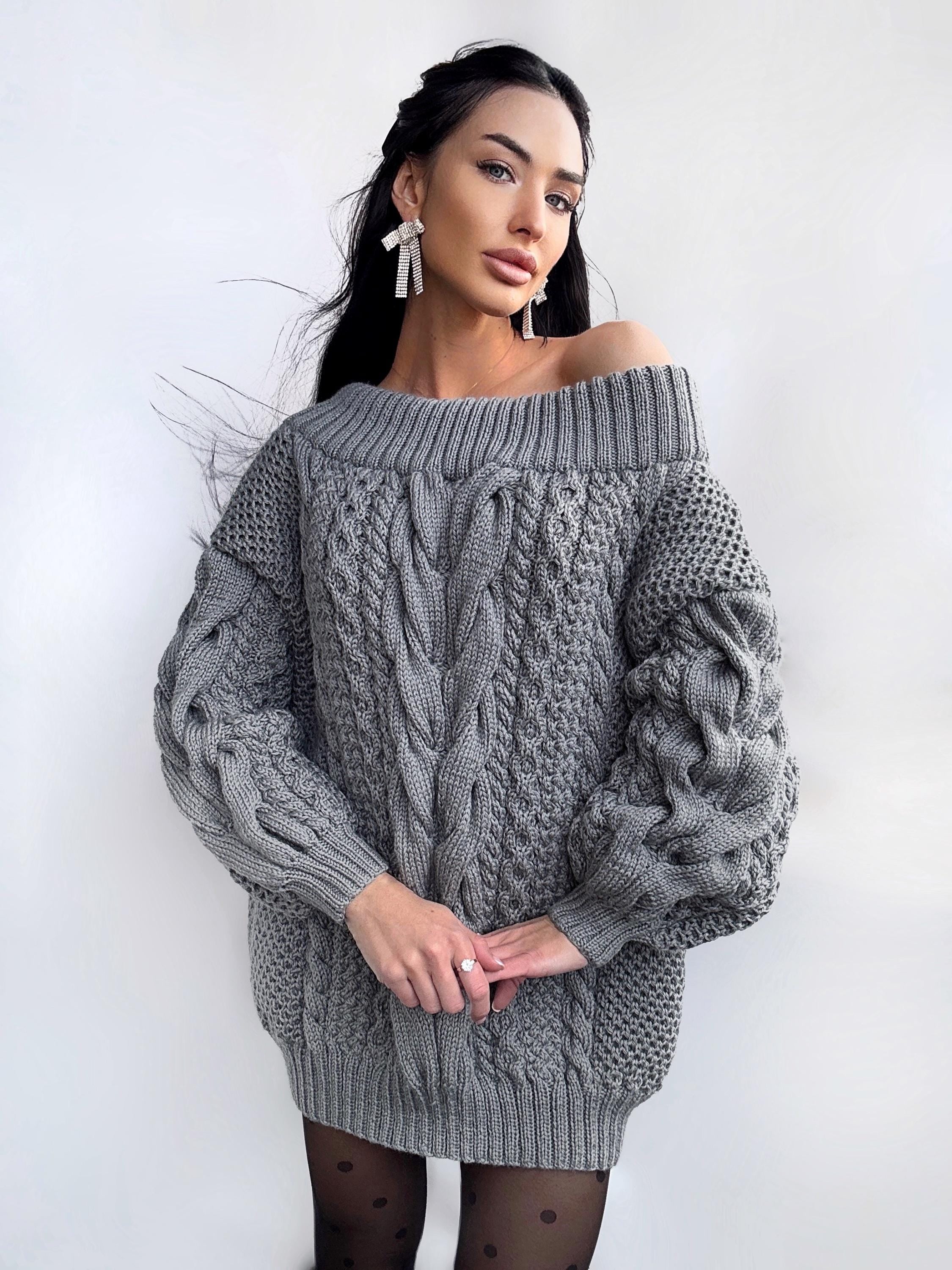 Hand knit sweater dresses women Dark Grey Graphite off shoulder sweater dress Long Cable wool sweater Chunky one shoulder dress cozy pulover