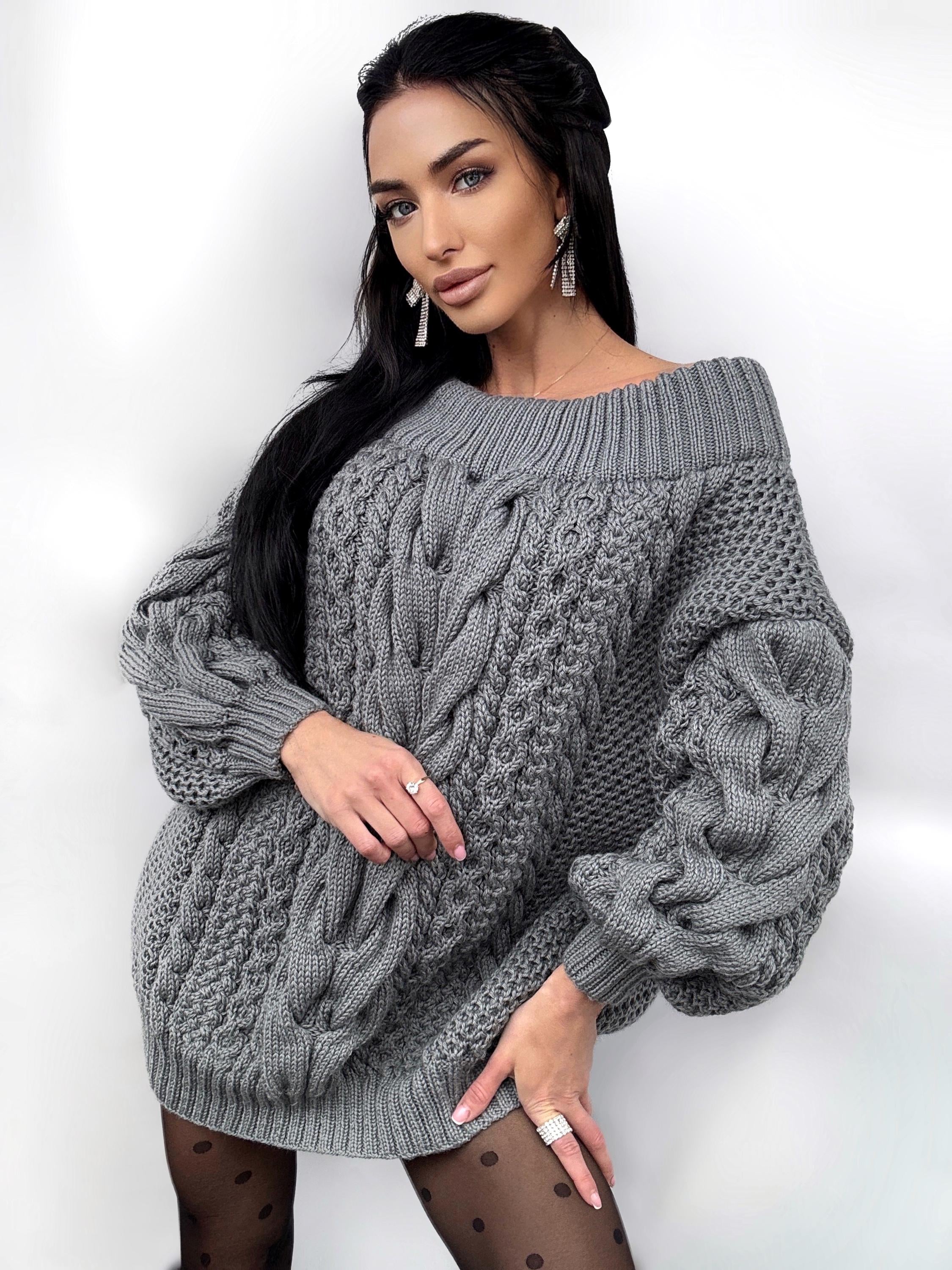 Hand knit sweater dresses women Dark Grey Graphite off shoulder sweater dress Long Cable wool sweater Chunky one shoulder dress cozy pulover