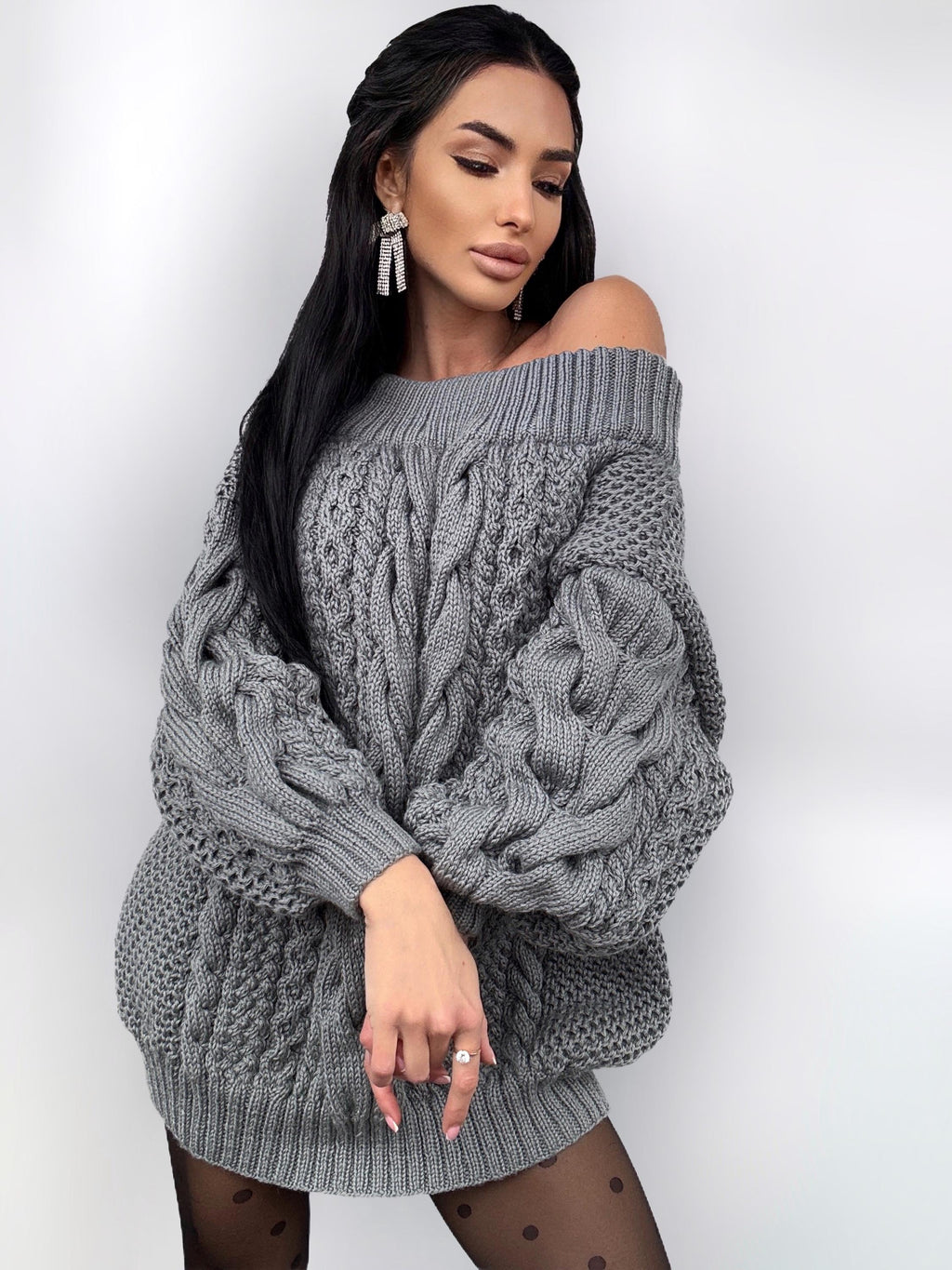 Hand knit sweater dresses women Dark Grey Graphite off shoulder sweater dress Long Cable wool sweater Chunky one shoulder dress cozy pulover