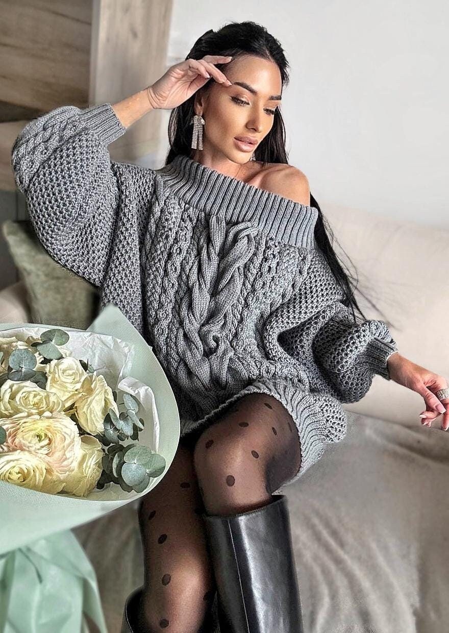 Hand knit sweater dresses women Dark Grey Graphite off shoulder sweater dress Long Cable wool sweater Chunky one shoulder dress cozy pulover