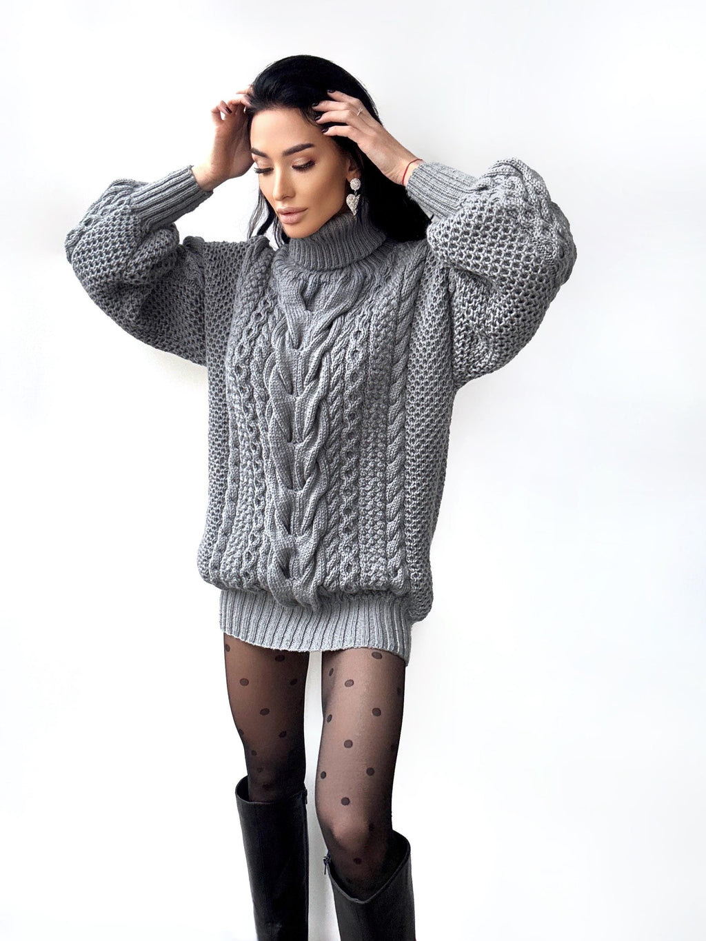Aran long oversiz Grey big hand knit merino wool mixture sweater Turtleneck Graphite cable knit pullover women Сhunky knit sweater