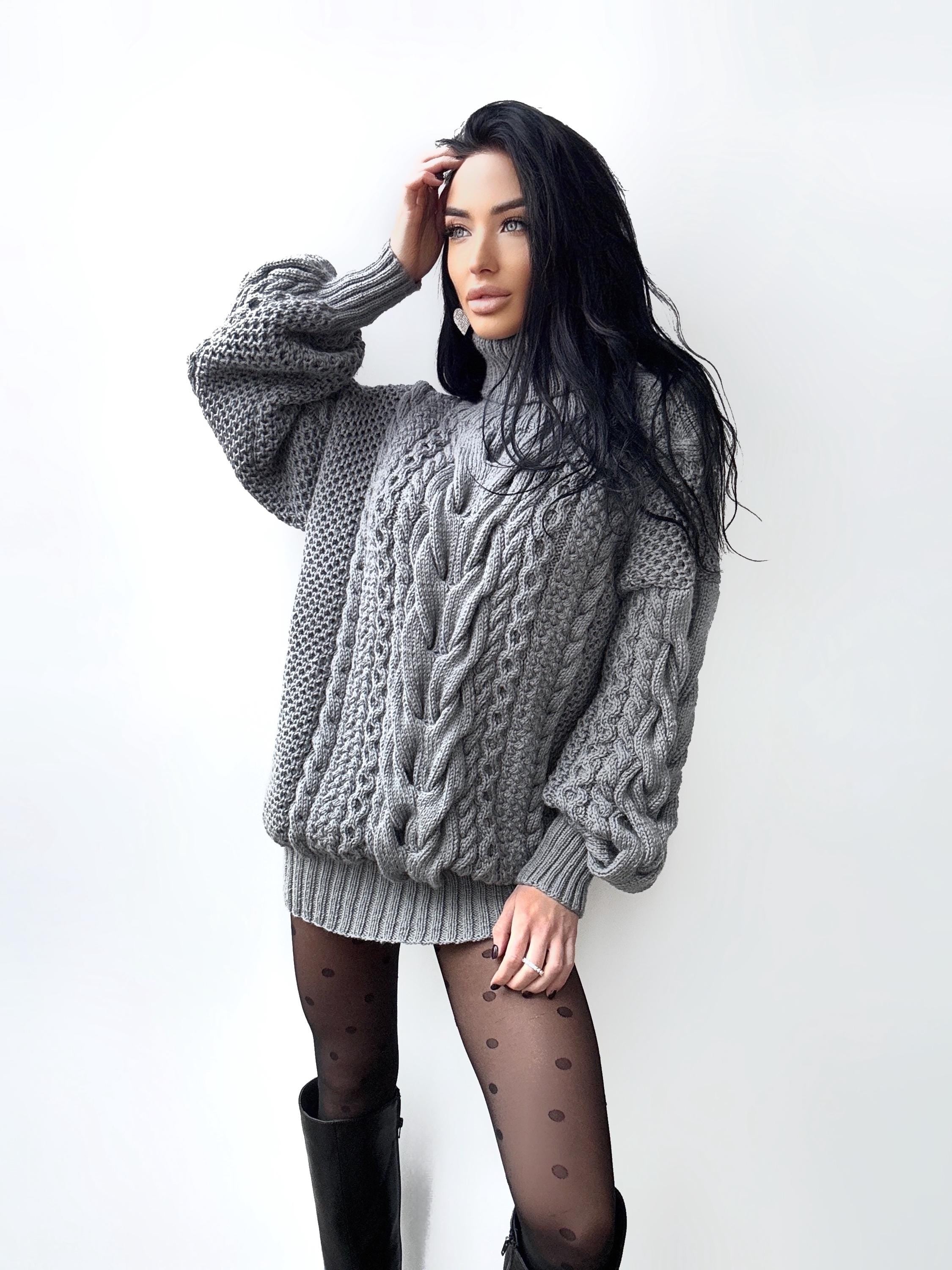 Aran long oversiz Grey big hand knit merino wool mixture sweater dress Turtleneck Graphite cable knit pullover women Сhunky knit sweater